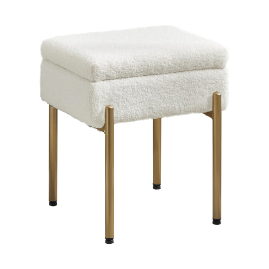 Vanity Stool Chair, Small Ottoman Stool with Storage, Makeup Vanity Chair with Anti-Slip Feet, Footstool Ottoman with Metal Legs, Storage Chairs for Makeup Room, Bedroom, Living Room (White+Gold)