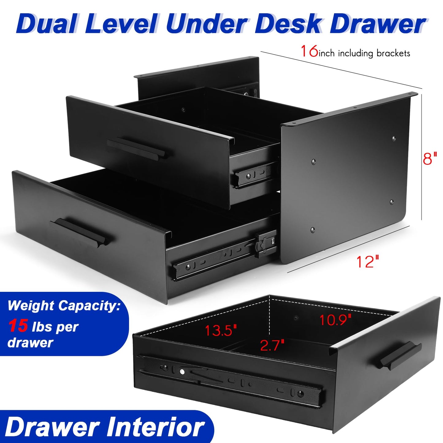 Menkxi 16'' Under Desk Drawer Slide-out Steel Under Counter Drawers Storage Organizer Large Hidden Pull-out Tray for Table Desks Home Office Workstation(Black,2 Layer)