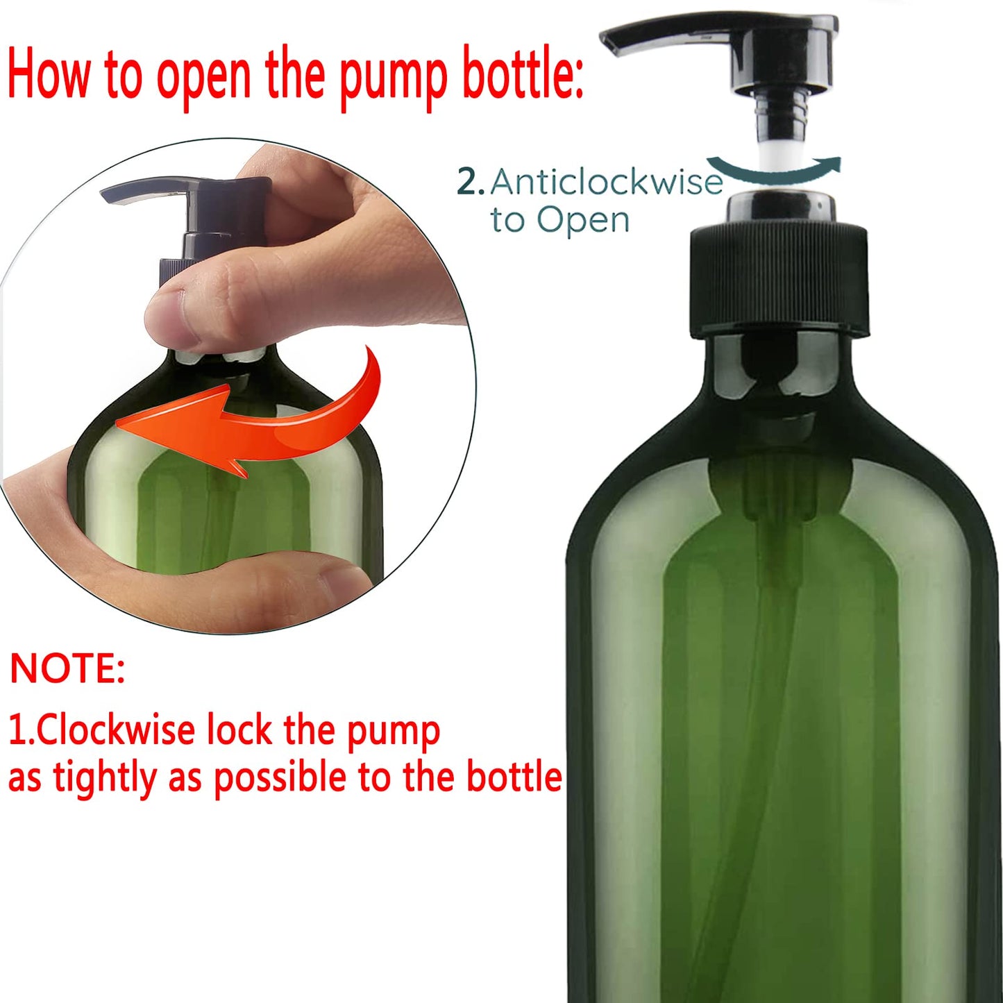 Empty Plastic Bottles with Pump Dispenser and Labels Included, Refillable Travel Containers for Hand sanitizer Shampoo Lotion, etc - No BPA/Parabenf, 500ml/16.9oz (Green, 3 Pack)