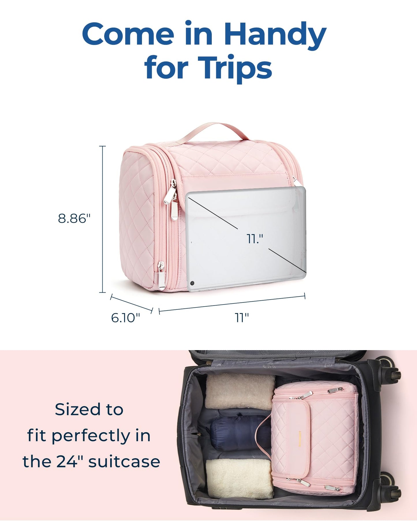 BAGSMART Travel Toiletry Bag, Large Capacity Cosmetic Bags for Women with Hanging Hook, Water-resistant for Toiletries Accessories Brushes Sponge, With Handle