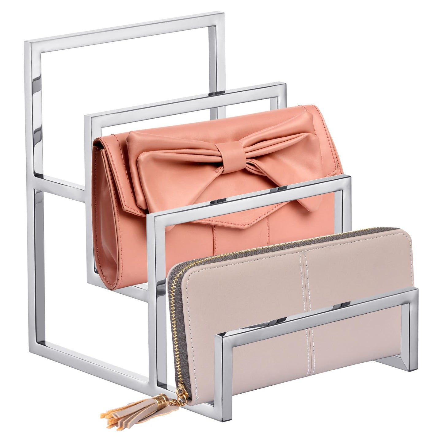 uxcell Clutch Purse Display Stand 3 Layer Wallet Display Rack Metal Clutch Holder Riser for Home Retail Store Supplies - Silver, 2Pcs