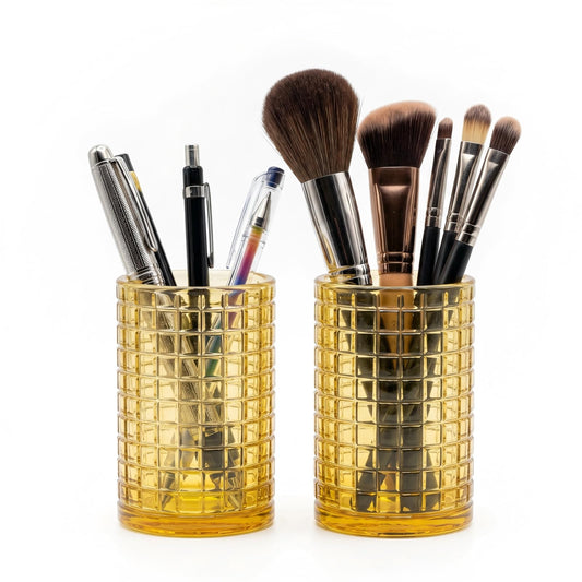 Makeup Brush Holder Organizer, Grid Pattern Glass Storage Box Container, Multifunctional Toothbrush Desk Pen Pencil Holder for Crystal Home Decor, Table Centerpiece, Wedding, Party(Gold 2 Pack)