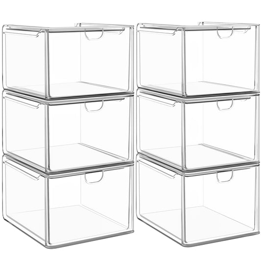 caktraie 6 Pack Small Clear Stackable Acrylic Storage Boxes for Art Tool & Sketch, Stroage Drawers, Makeup Organizer, Plastic Storage Bins For Vanity, Kitchen Cabinets, Pantry, Home Organization