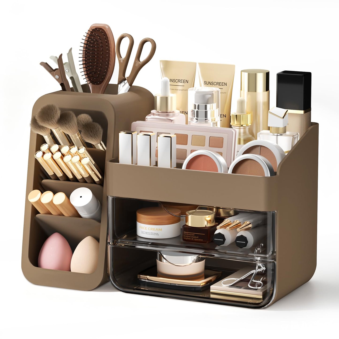 Makeup Organizer with Adjustable Brush Holder for Vanity, Large Skincare Organizer for Bathroom Countertop, Cosmetic Display Case with Drawers, Multi-Function Storage for Perfume, Lipstick, Palettes