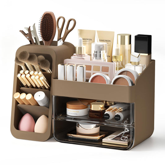 Makeup Organizer with Adjustable Brush Holder for Vanity, Large Skincare Organizer for Bathroom Countertop, Cosmetic Display Case with Drawers, Multi-Function Storage for Perfume, Lipstick, Palettes