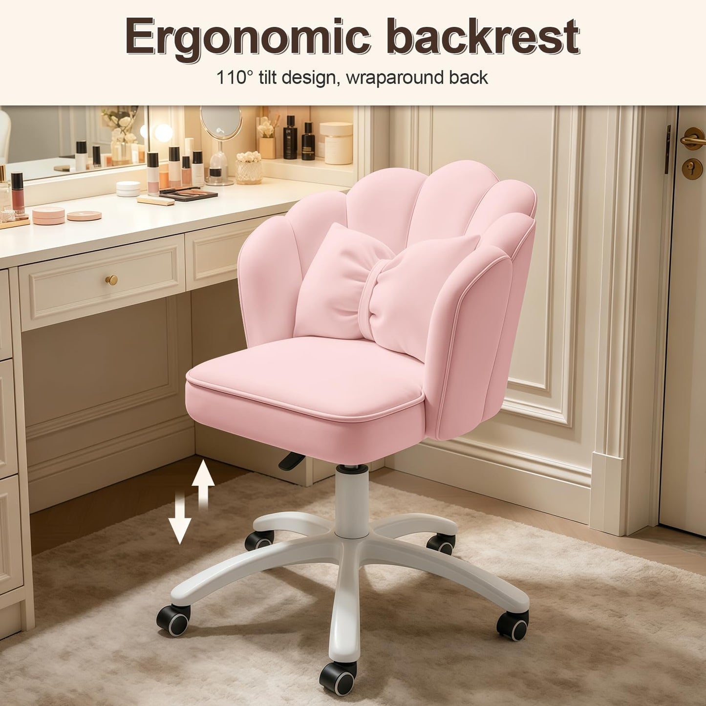 XUEGW Petal Desk Chair with Bow Cushion Velvet Vanity Chair with Wheels, Upholstered Home Office Chair for Girls Women, Mid-Back Swivel Computer Task Chairs for Living Room Bedroom