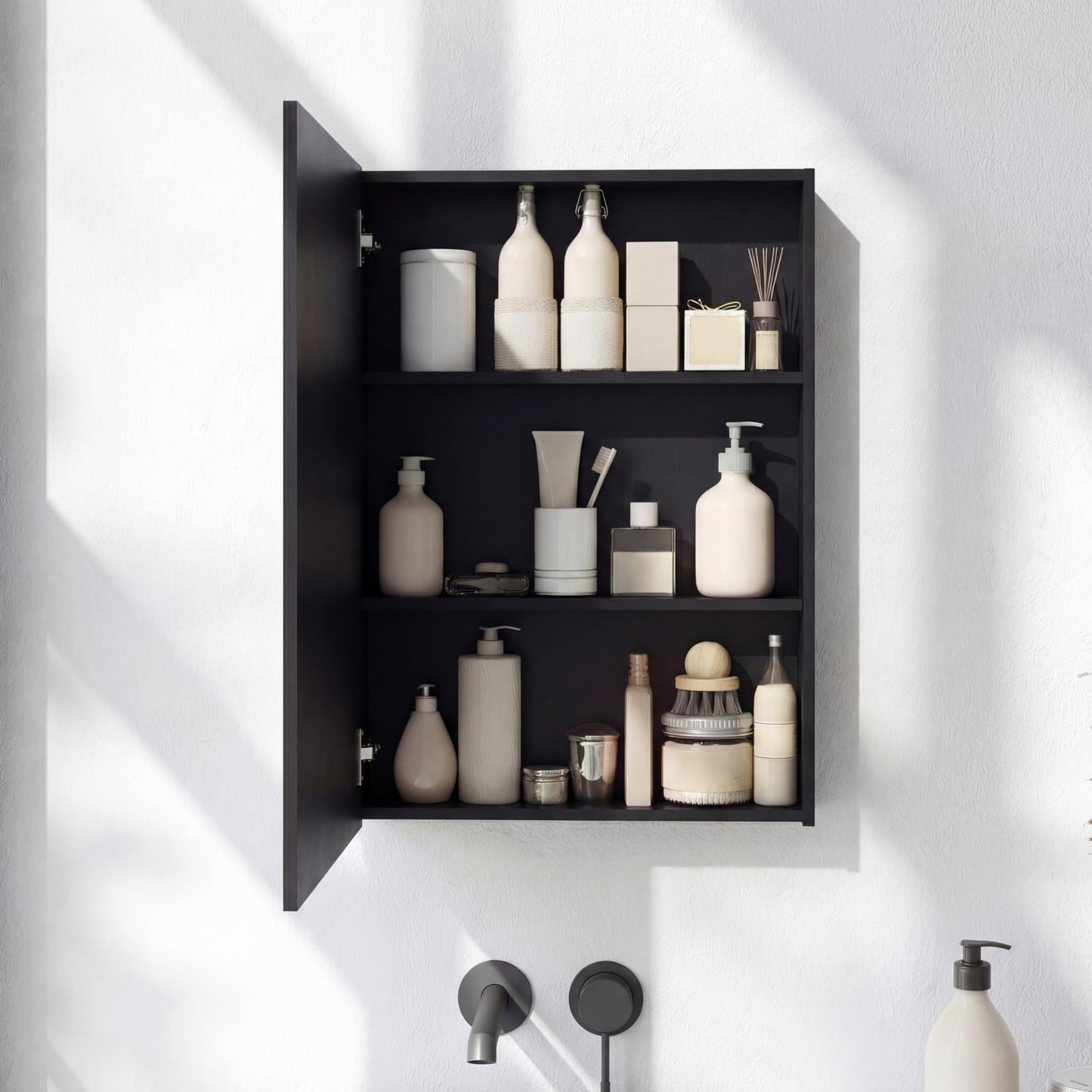 Panana Bathroom Cabinet Medicine Cabinets with Single Mirrored Door Wall Mounted Cabinet with Mirror, Storage Shelf with Adjustable Shelves Storage Organizer Kitchen Cupboard (Black, 19.7x27.6 inch)