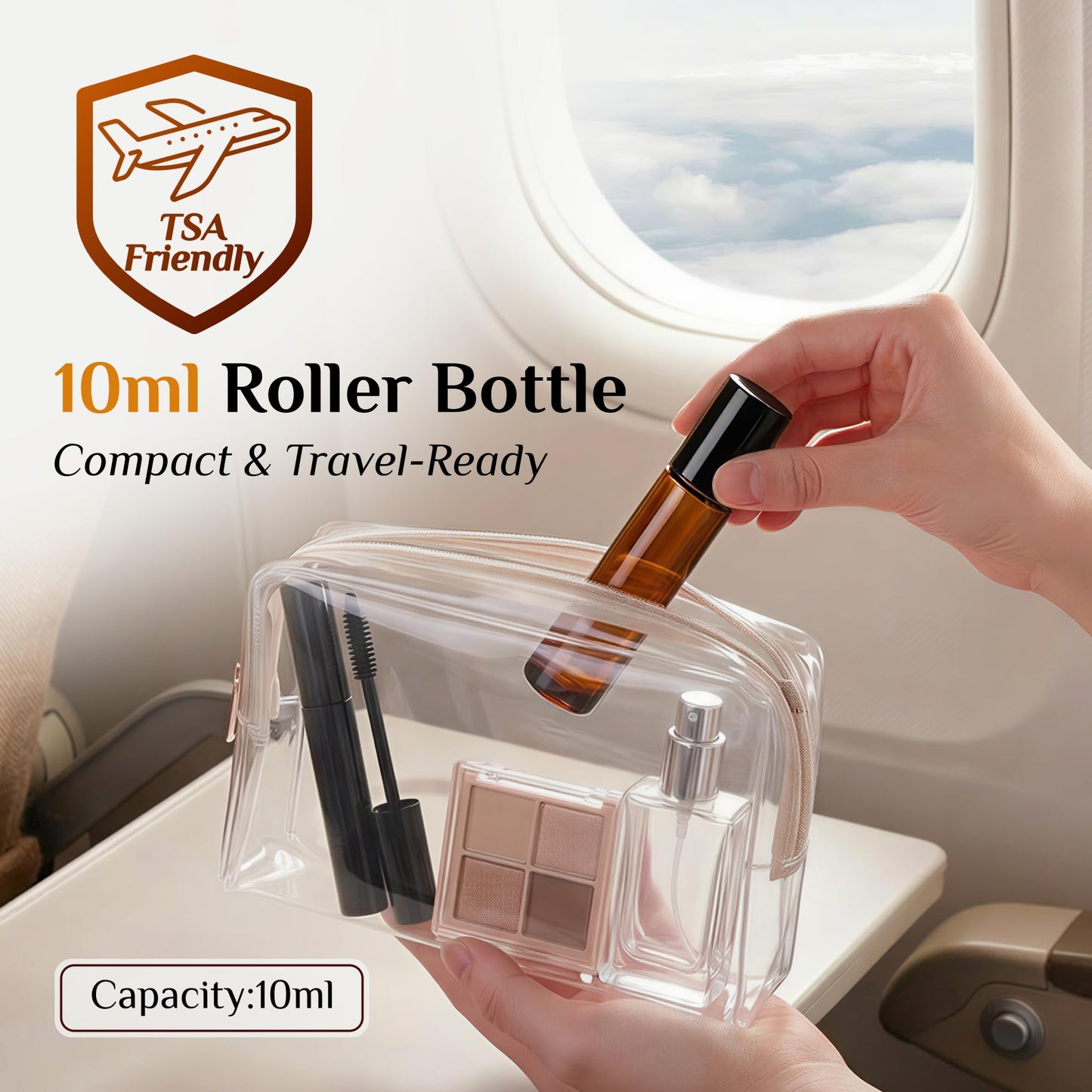 PrettyCare Set of 24, 10 ml Amber Glass Roller Bottles for Essential Oil with Stainless Steel Roller Ball - Refillable Leak-proof Empty Roll on Bottles with Black Caps for Travel, Perfume,Lab