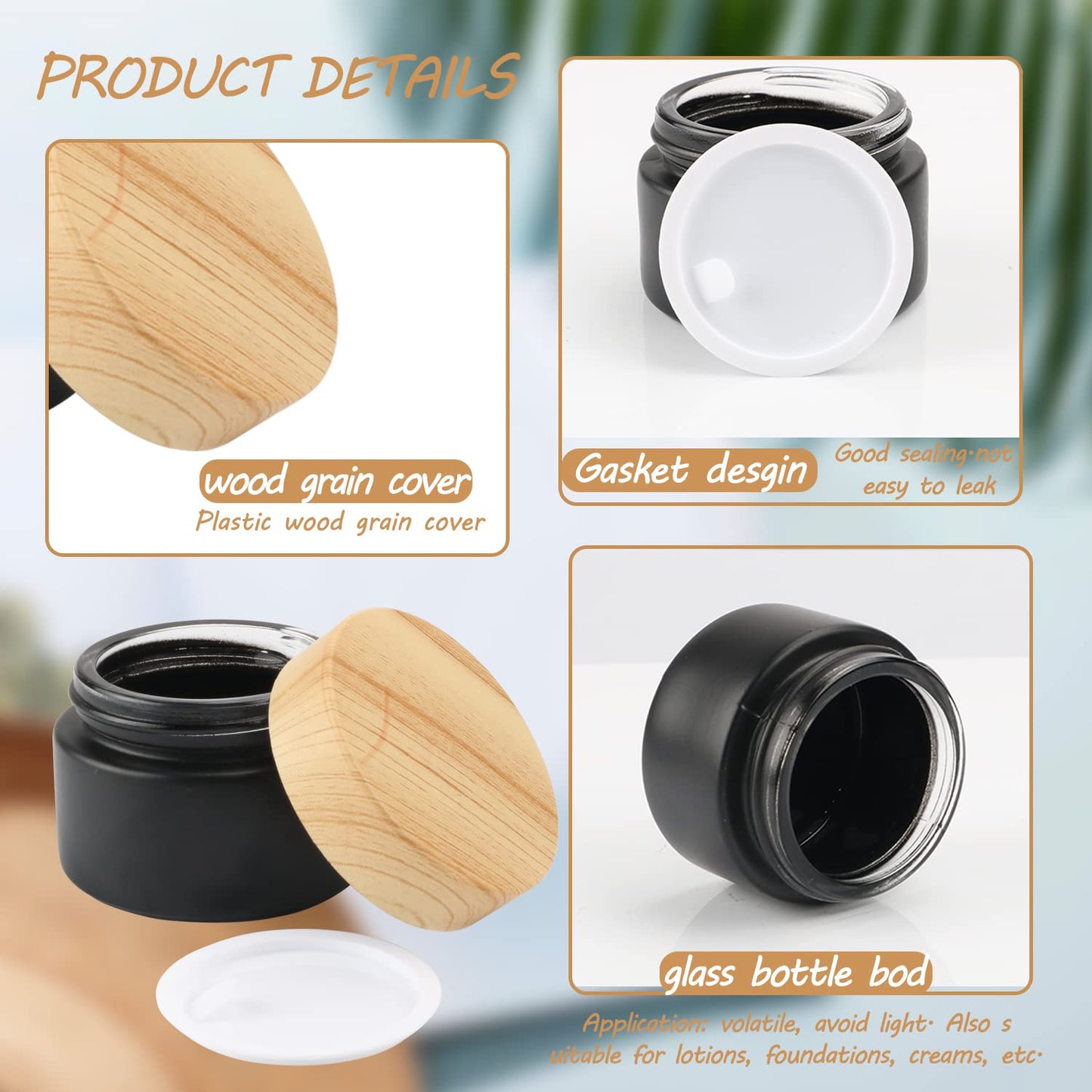 DMuuuDM 12 Pcs 1 Oz Frosted Cream Jar,Empty Refillable Glass Cosmetic Container Jars Holder with Inner liner,Wood Grain Lid for moisturizer,Foundation,Lotion,Ointment-Black
