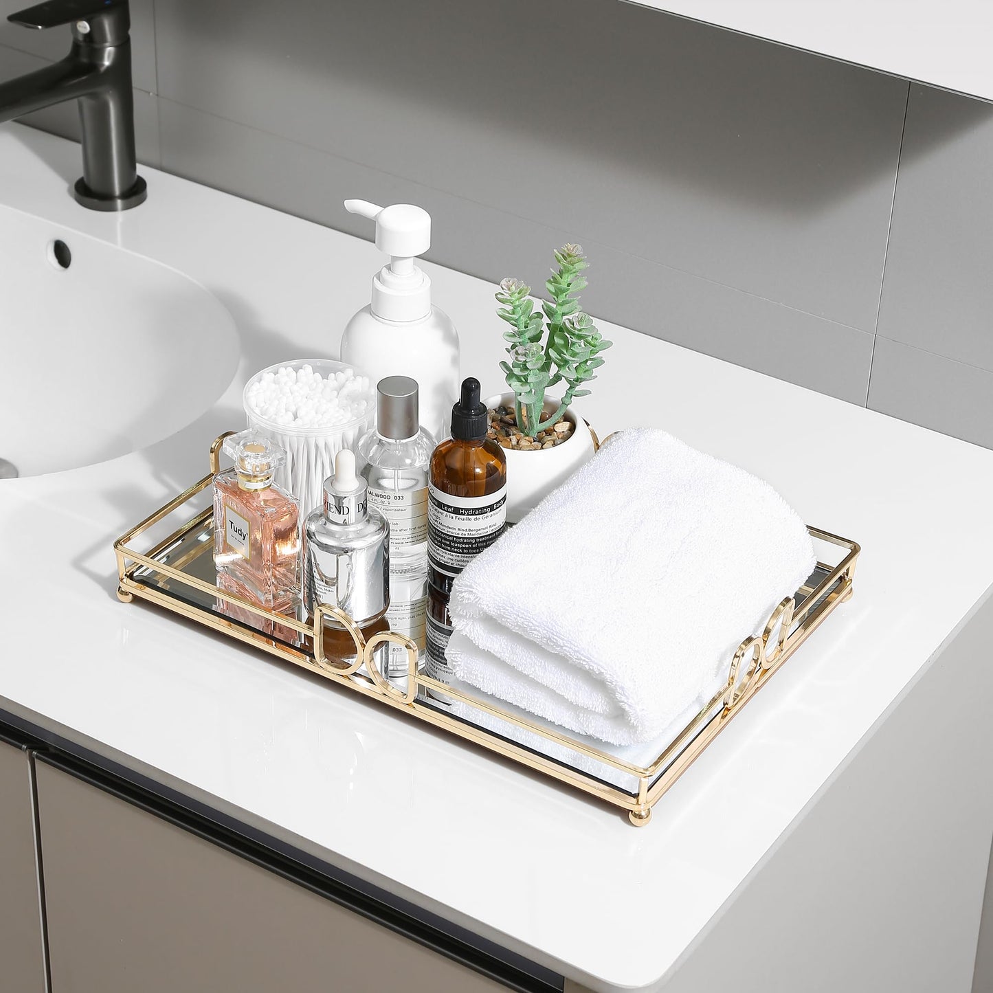 HAIGOUER Large Gold Mirrored Tray for Makeup Vanity, 14x10 Entire Length Perfume Organizer for Dresser Top, Elegant Decorative Countertop Storage