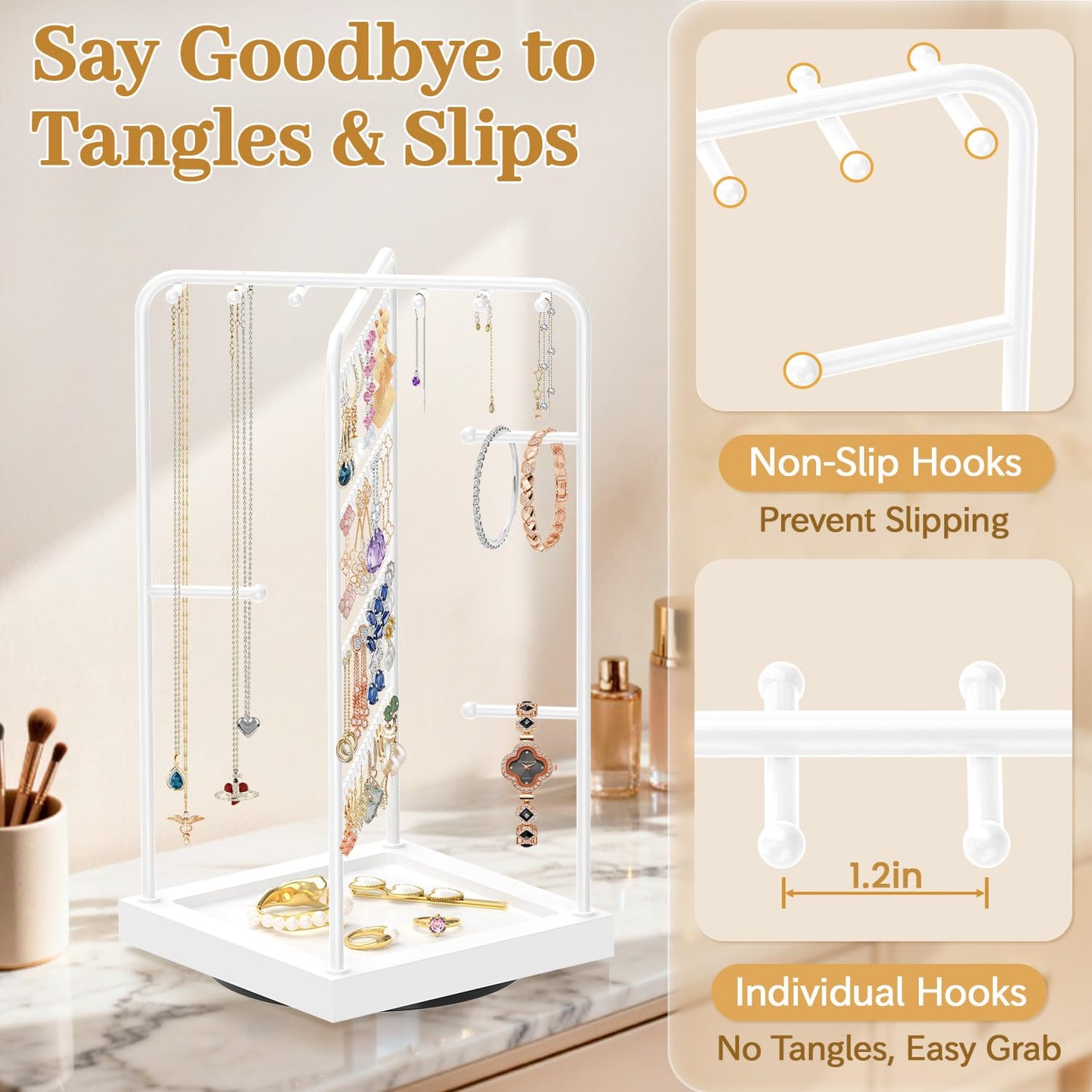 MODOWEY Earring Necklace Holder Organizer Jewelry Stand, Wood Rotating Display Tree for Vendor Selling, Tiered Tower Rack for Pierced Stud Bracelet 90+ Pieces Storage, Easy Access for Women, White