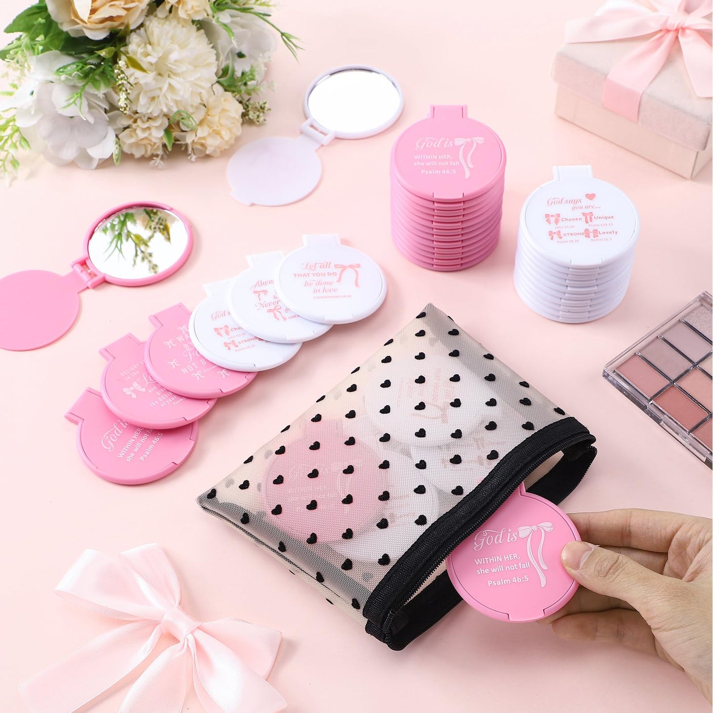 Namalu 36 Pcs Pink Bow Christian Compact Mirrors Bible Verse Mini Mirrors Pink Party Favors Coquette Gift Bulk Makeup Pocket Mirror Inspirational Christian Religious Gifts for Mother Women Church