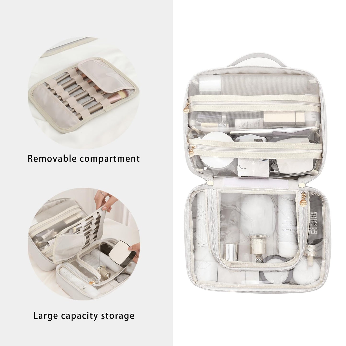 RIGHT AWAY Travel Toiletry Bag for Women,Large Makeup Bag& Cases,Waterproof Cosmetic Organizer Bag with Compartments,Portable Make Up Bag for Travel Size Toiletries,Skincare,Brushes Set,White
