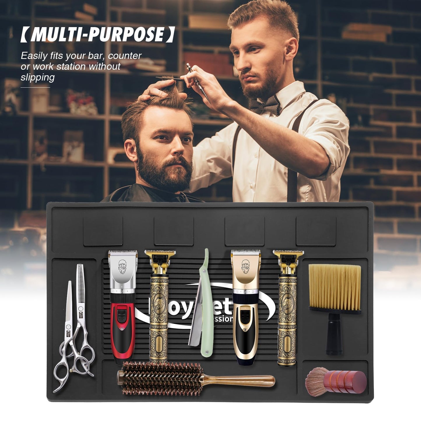 MoyRetty Magnetic Barber Organizer Mat for Clippers(17.7'' x 11.8''), Professional Anti-Slip Heat-Resistant Silicone Pad for Hair Stylist Supplies- 4 Magnets