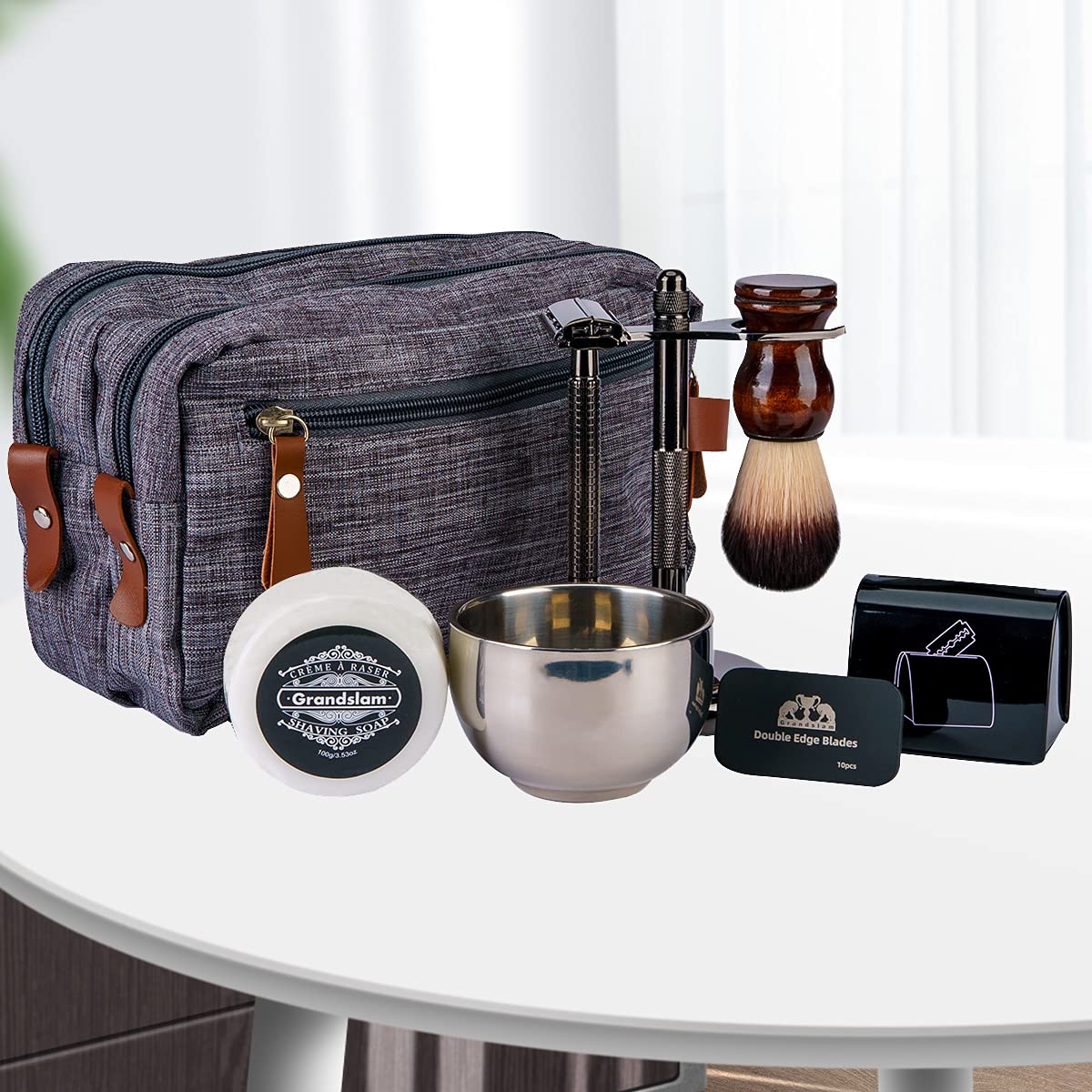 Grandslam Shaving Kit for Men, Safety Razor with 10 Blades, Shaving Brush, Stand and Soap Cream, Stainless Steel Bowl, Canvas & Leather Dopp Kit Gift Set