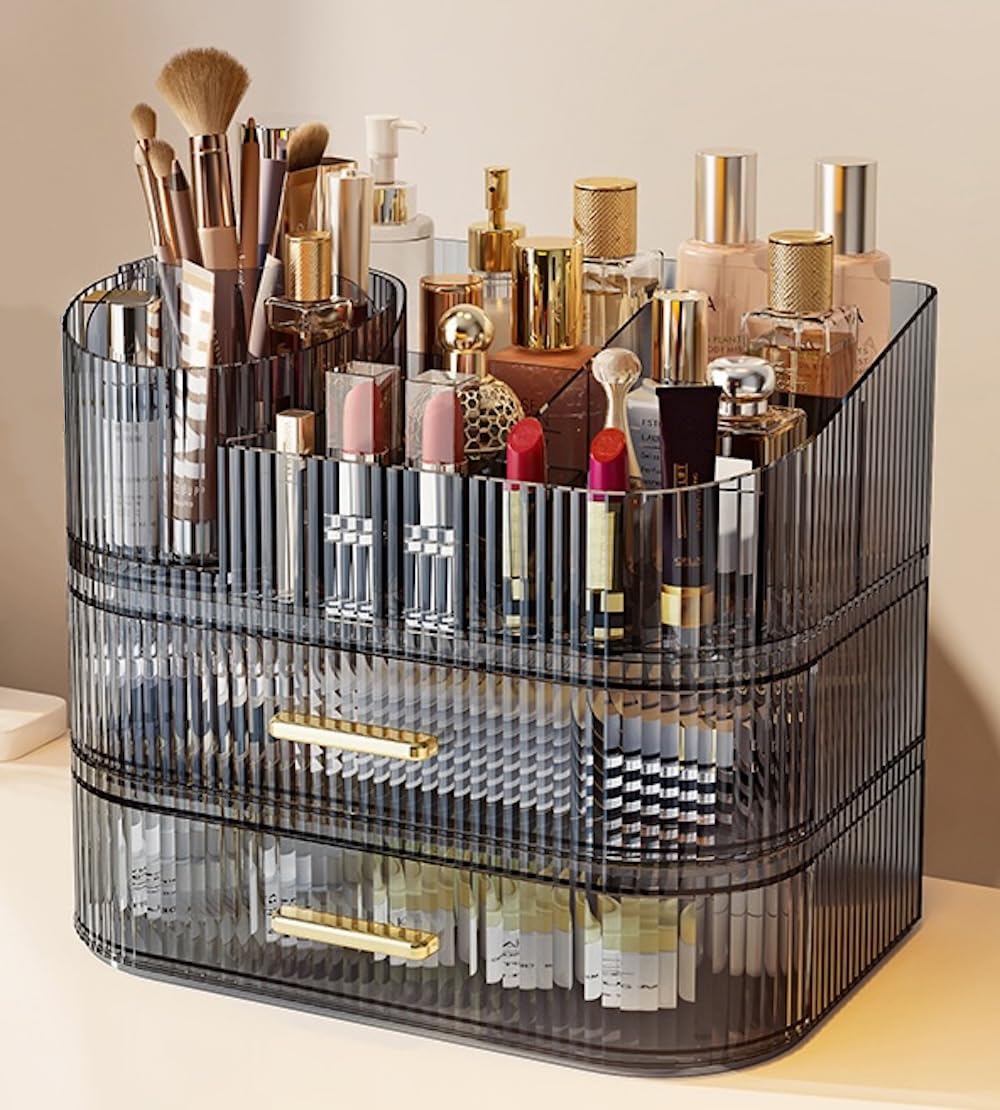 SpaceLuxe Makeup Organizer with Drawers and 360° Rotating Brush Holder, Large Capacity Cosmetic Storage for Vanity, Skincare, Perfume, Hair Accessories, Lipstick & Jewelry (Transparent Gray, 3-layer)