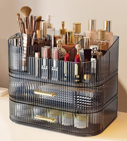 SpaceLuxe Makeup Organizer with Drawers and 360° Rotating Brush Holder, Large Capacity Cosmetic Storage for Vanity, Skincare, Perfume, Hair Accessories, Lipstick & Jewelry (Transparent Gray, 3-layer)