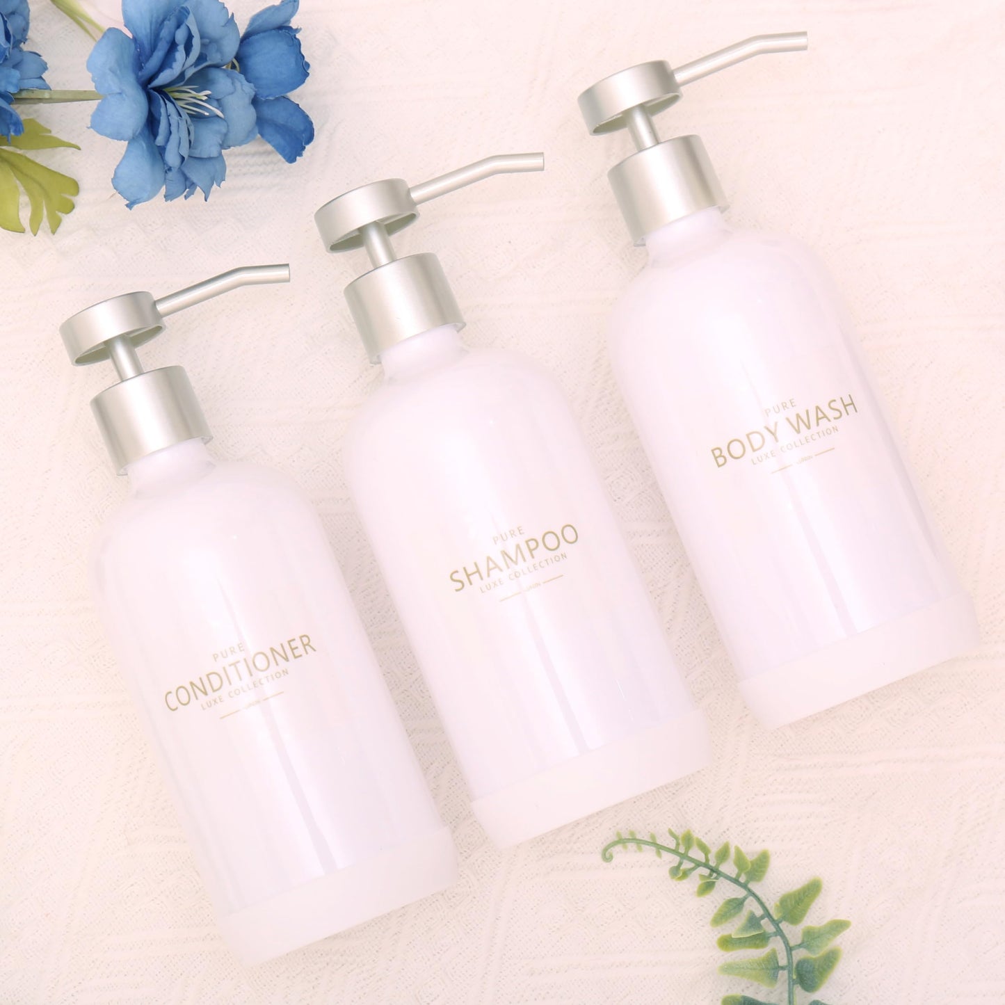 Janxin Shampoo and Conditioner Dispenser Set of 3,Refillable 21oz Shampoo Bottles with Non-Slip Protective Silicone Pad,Shower Soap Dispenser with Waterproof Labels for Bathroom (White)