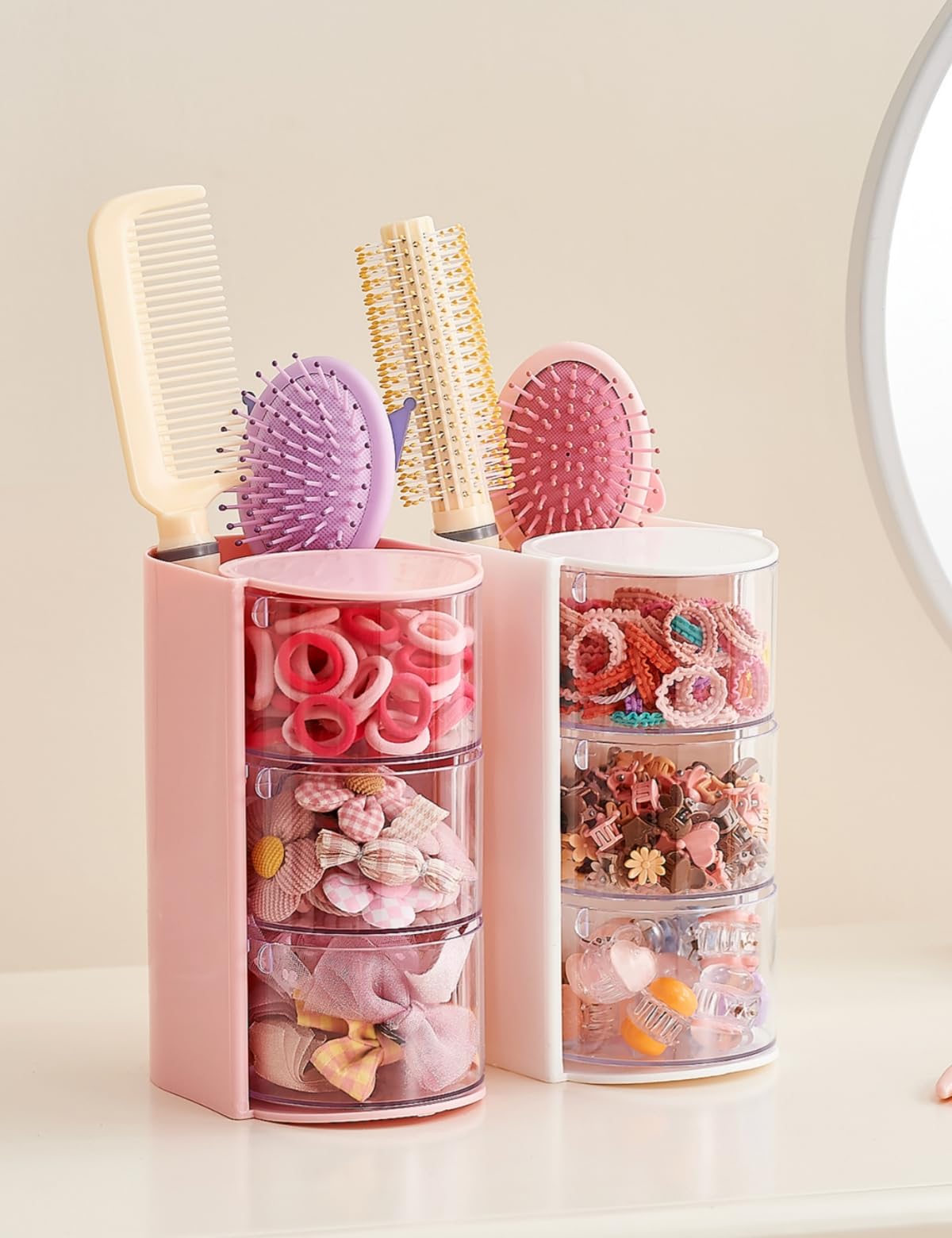 UFORU Hair Accessories Organizer with Hair Brush Holder, 3 Drawer Rotatable Hair Tie Organizer for Makeup Brushes, Hair Clips, Earrings, Necklaces, Bracelets and Hair Accessories, Pink, 3-Layer
