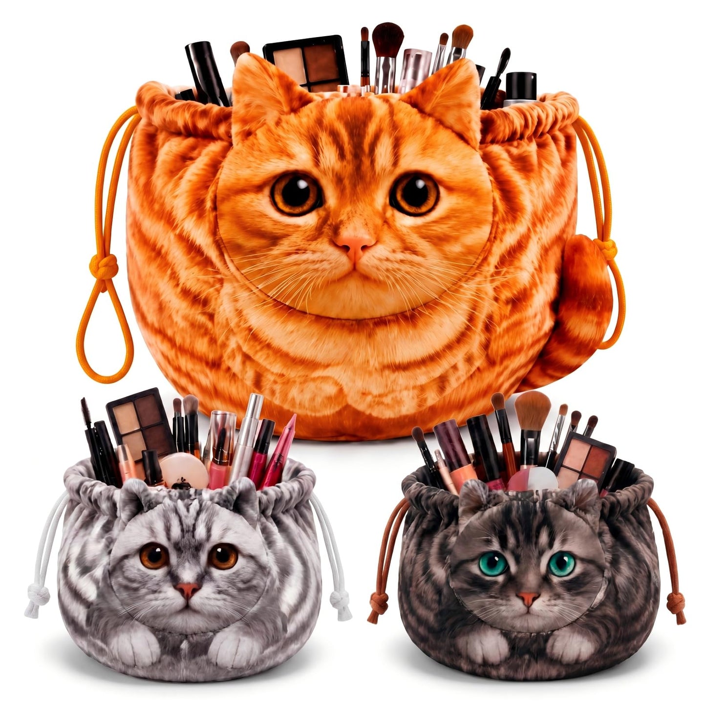 Tallew 3 Pcs Cat Drawstring Makeup Bag Large Capacity Cute Funny Cat Gifts Dormitory Cosmetic Bag for Women Portable Travel Pouch Toiletry Organizer for Birthday Gifts for Cats Lovers