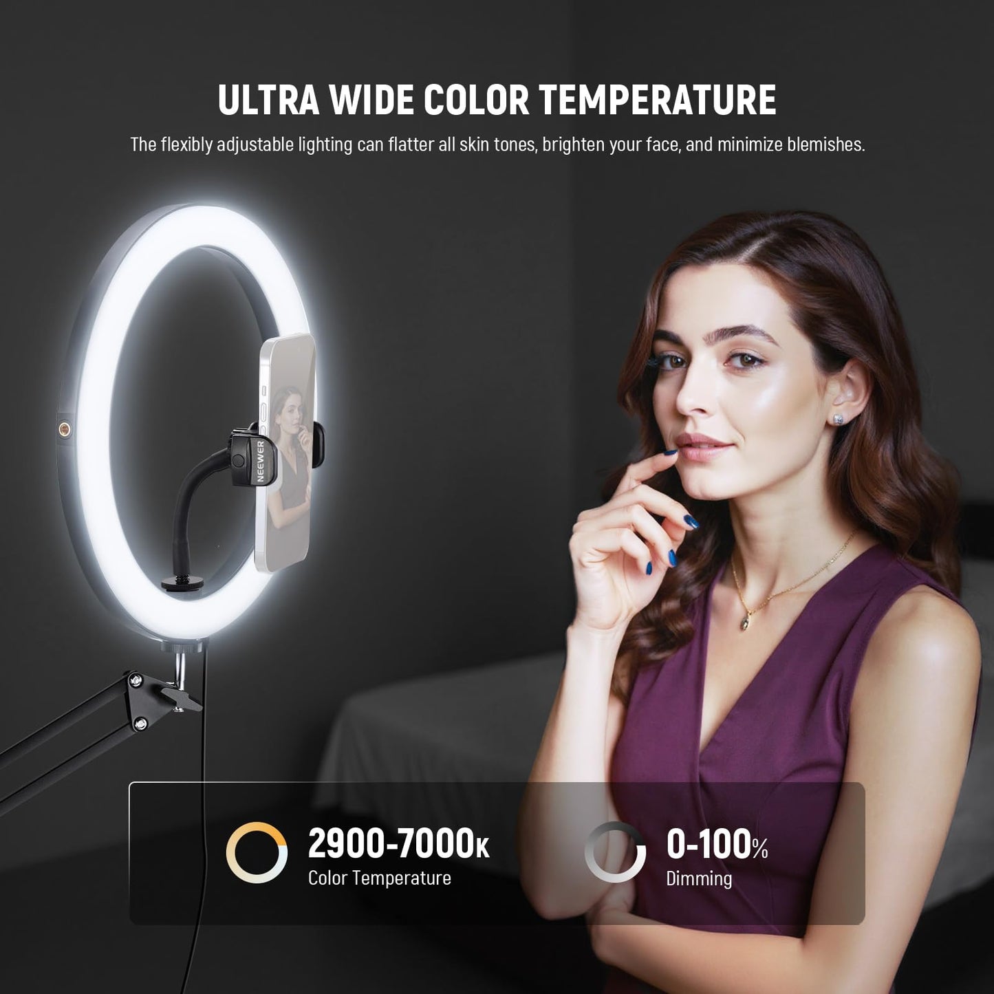 NEEWER 12" 24W High Power LED Ring Light Compatible with iPhone, 60" Overhead Folding Light Stand/Phone Holder Mount for Video Recording Selfie Makeup Streaming,2900-7000K USB C PD Input CRI97+,RH12B