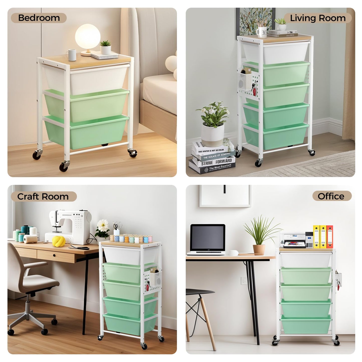 Rolling Cart with 5 Drawers, Plastic Drawer Storage Carts with Wheels & Wooden Tabletop, Metal Utility Cart with Pegboards, Office Living Room Classroom Craft Organization and Storage, Bright Green