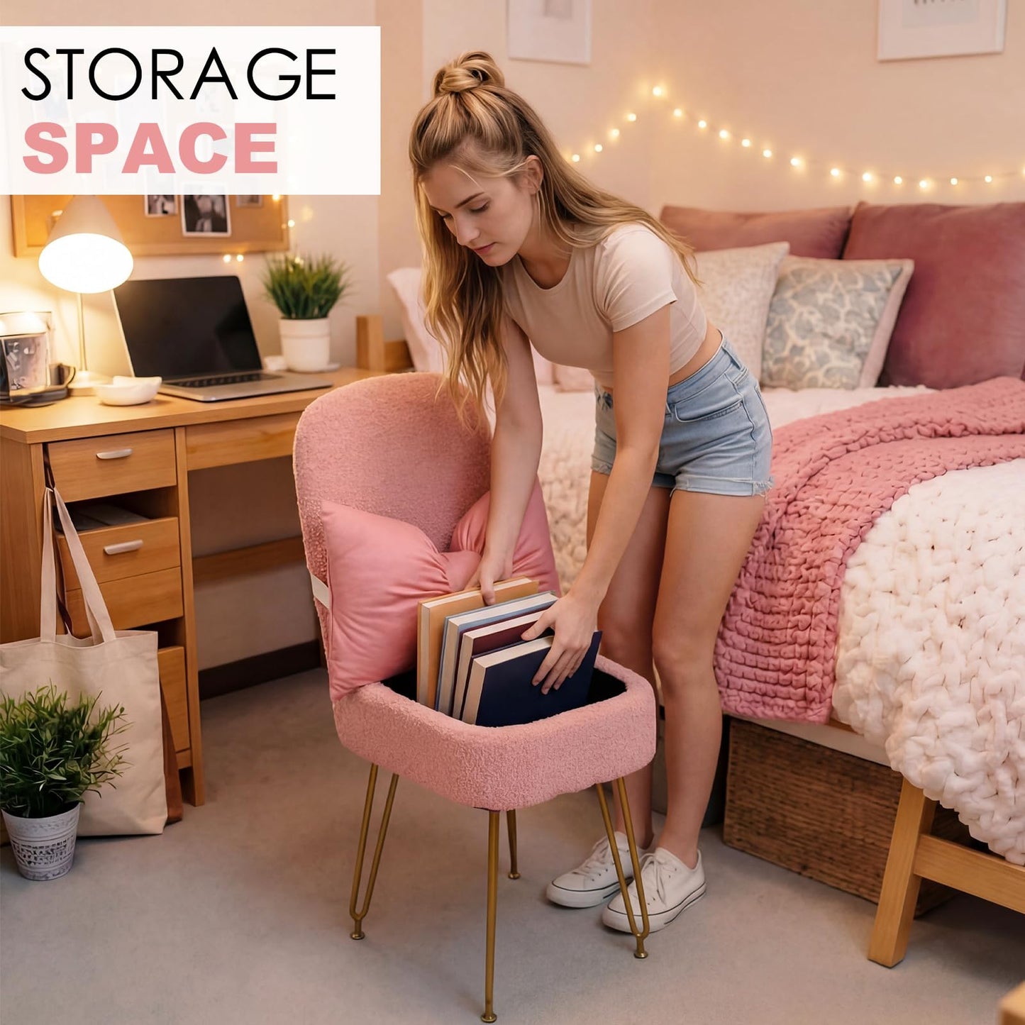 Novabright Small Vanity Stool Chair with Storage and Back Faux Fur Soft Ottoman Pink Bow Makeup Vanity Chair 13" x 14" x 30" Cute Small 4 Metal Leg for Makeup Bedroom Living Room Dressing Room