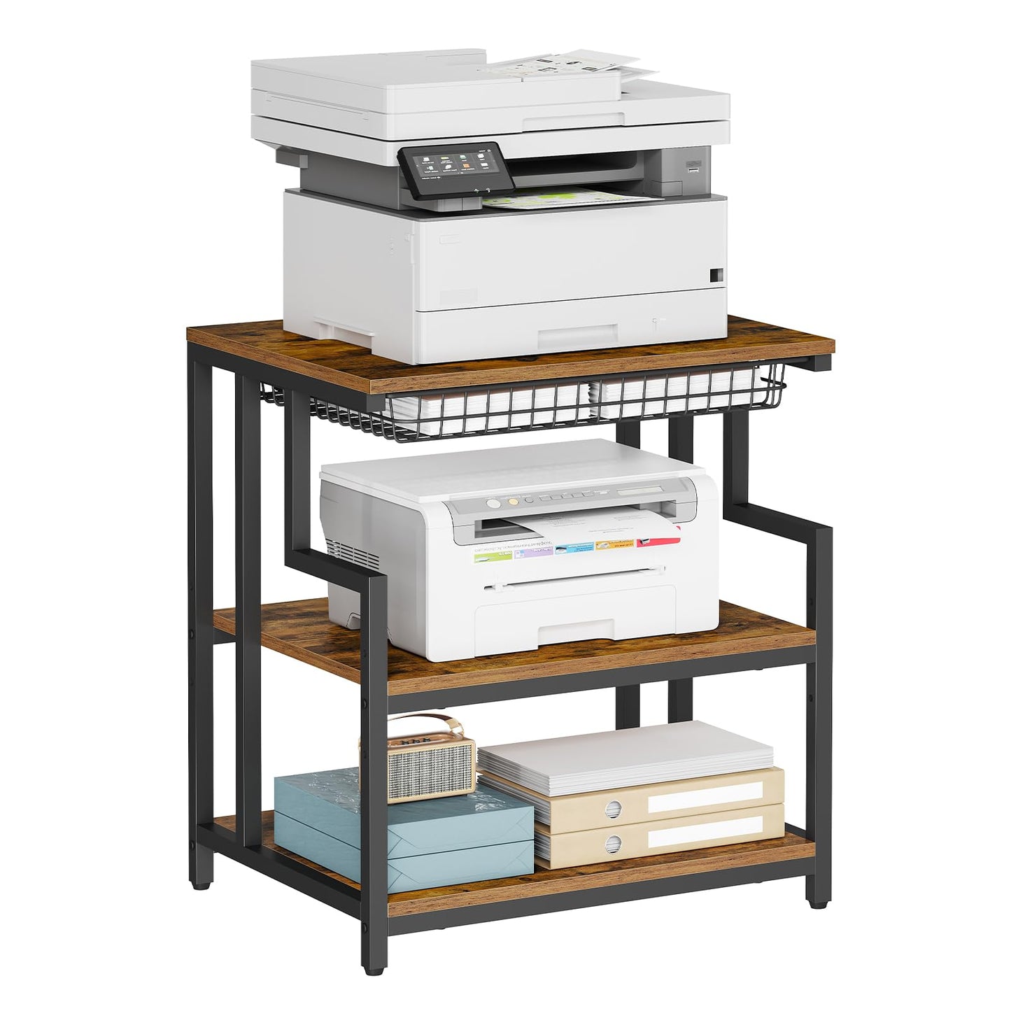 HOOBRO 23.6'' x 19.7'' Extra Large Printer Stand with Drawer, Printer Table with Adjustable Shelf, 3-Tier Printer Cart with Storage, for Heat Press Scanner Fax, Rustic Brown and Black BF10PS01