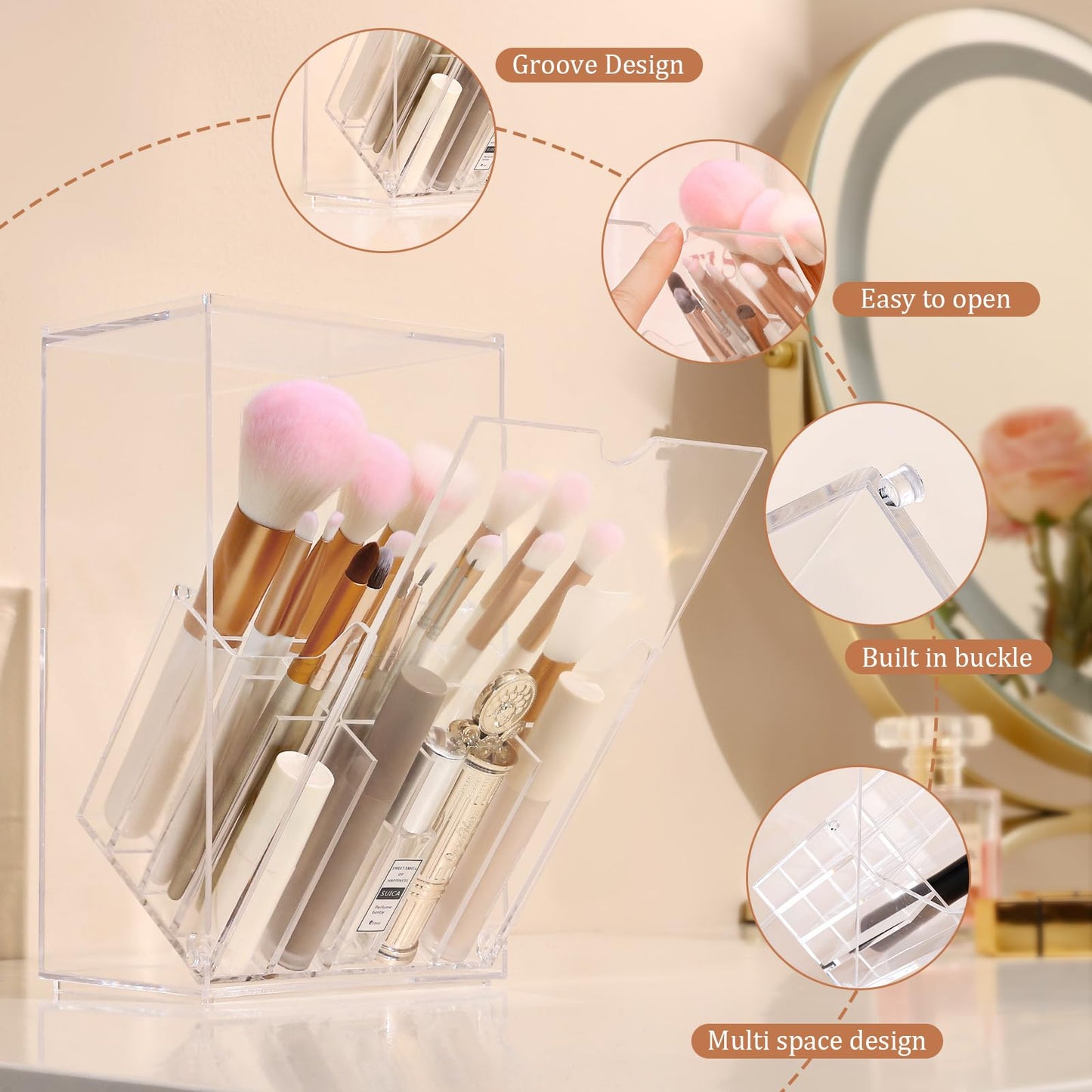 LOHRYVIO Acrylic Makeup Brush Holder with Slanted Flip-Top Lid - Clear Dustproof Cosmetic Make up Brush Organizer and Storage Box - Large Capacity 17-Slots Container for Vanity Brushes (Transparent)