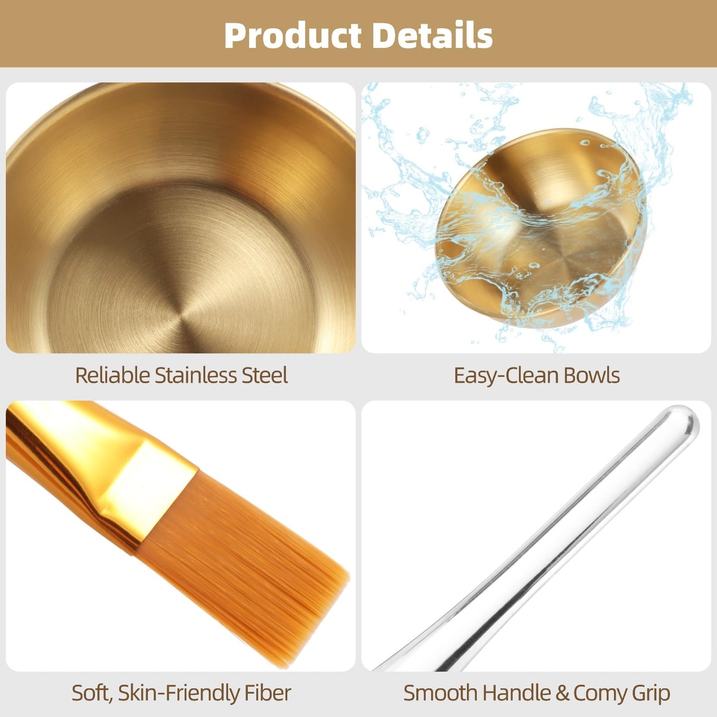 36 Pcs Esthetician Supplies for Facials Set, 12 Golden Stainless Steel Mixing Bowls, 12 Fan & 12 Detail Brushes, Facial Masks Brushes for Even Masks Application, Women Clay Masks Mixing Tools Kit