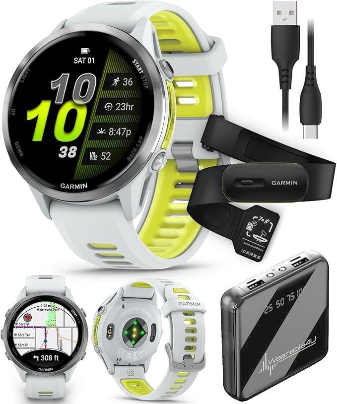 Wearable4U Garmin Forerunner 970 Titanium Smartwatch with Whitestone Case and Whitestone/Translucent Amp Yellow Band, AMOLED Display with Garmin HRM 600 M-L Power Bank Bundle