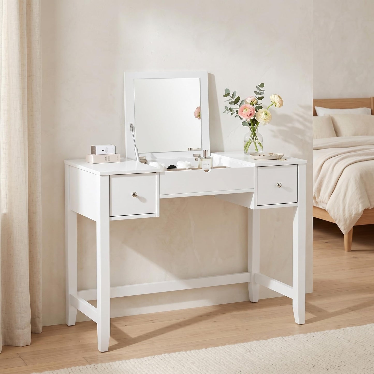 Hives and Honey Harley Vanity Desk – Large Mirror, Storage Drawers, Compact Makeup Table or Workstation, Transitional Style, White Finish