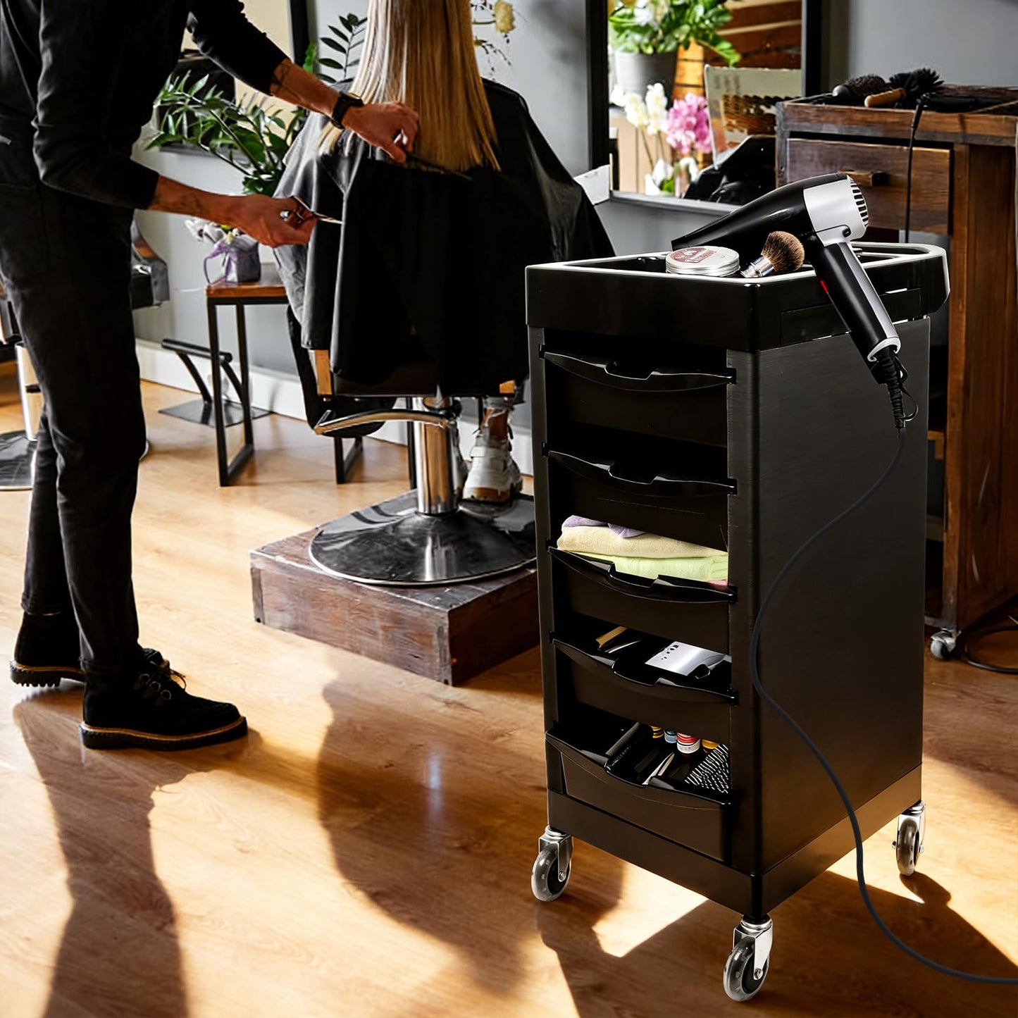 EBANKU Salon Beauty Rolling Trolley Cart Black Hair Salon Storage Cabinet Barber Organizer Tool Multi Drawers Rolling Cart with 4 Universal Wheels Hair Salons Supplies