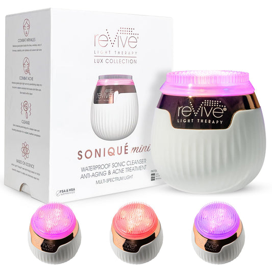 Revive Light Therapy Lux Collection Soniqué Mini, Rechargeable Sonic Face Cleanser Brush with Medical-Grade Blue & Red Light Therapy for Face &Wrinkle Care, Water-Resistant