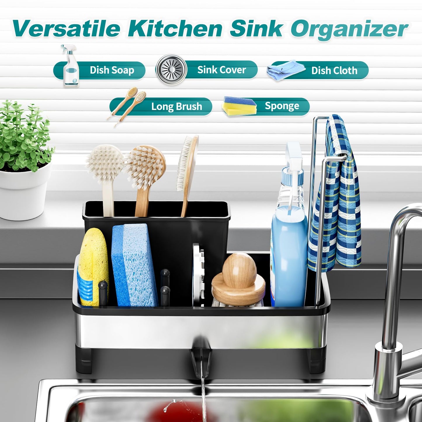 Ewaiira Stainless Steel Sink Caddy, Sponge Holder for Kitchen Sink with Brush Holder and Towel Rack, Sink Organizer for Countertop, Soap Dispenser Kitchen Organizers Storage Essentials (A-Black)