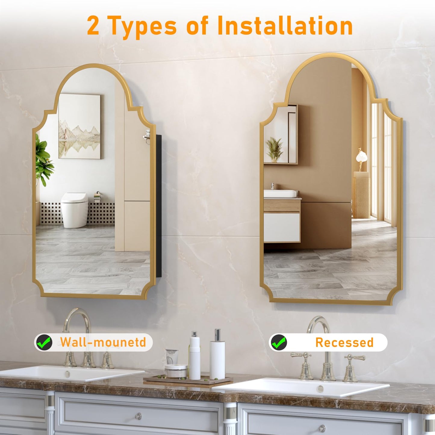 20"x32" Medicine Cabinet with Mirror, Recessed and Surface Mount Medicine Cabinets for Bathroom, Bedroom, Full Metal, Unique Art Arched Mirror with Storage, 2 Shelves and 1 Organizer Box, Bling Gold
