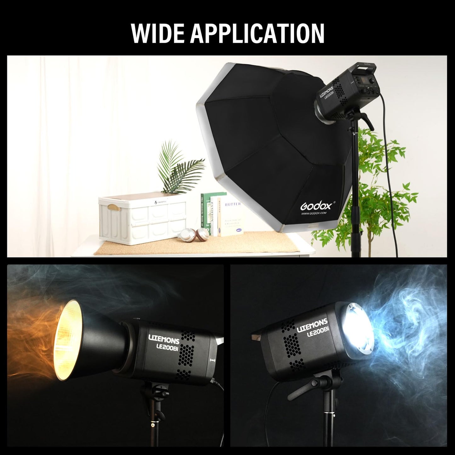 Godox Litemons LE200Bi Bi-Color LED Video Light Kit with Softbox Light Stand Reflector CRI 98+, 2800K-6500K, 57700 Lux Output, DMX/App Control for Studios Ultra Quiet for Content Creation