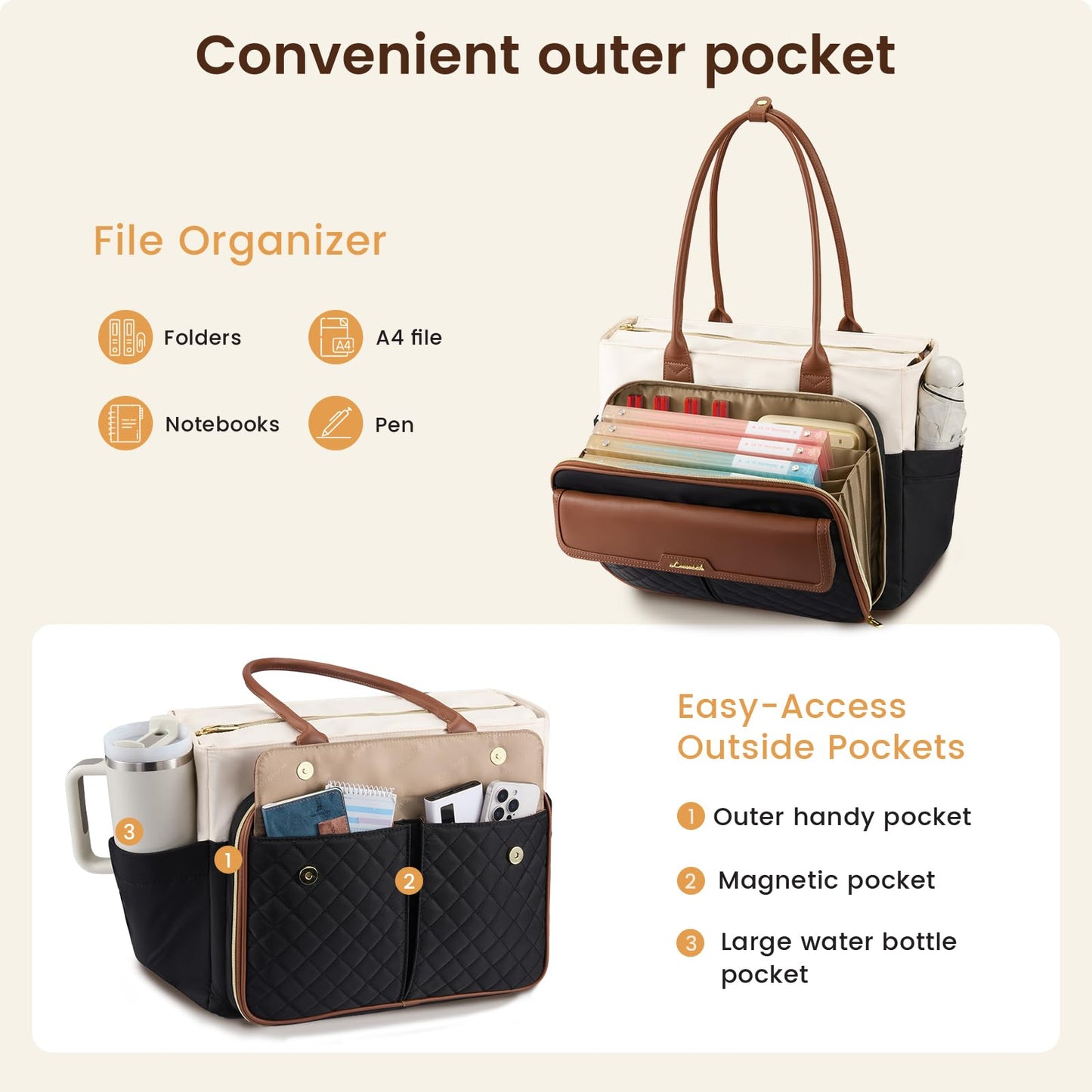 LOVEVOOK Teacher Tote Bag for Women Work, 15.6 Inch Laptop Bag with Large Cup Holder, Quilted Nurse Bag Briefcase with Accordion File Pocket, Computer Handbag for Bussiness Travel, Office, College
