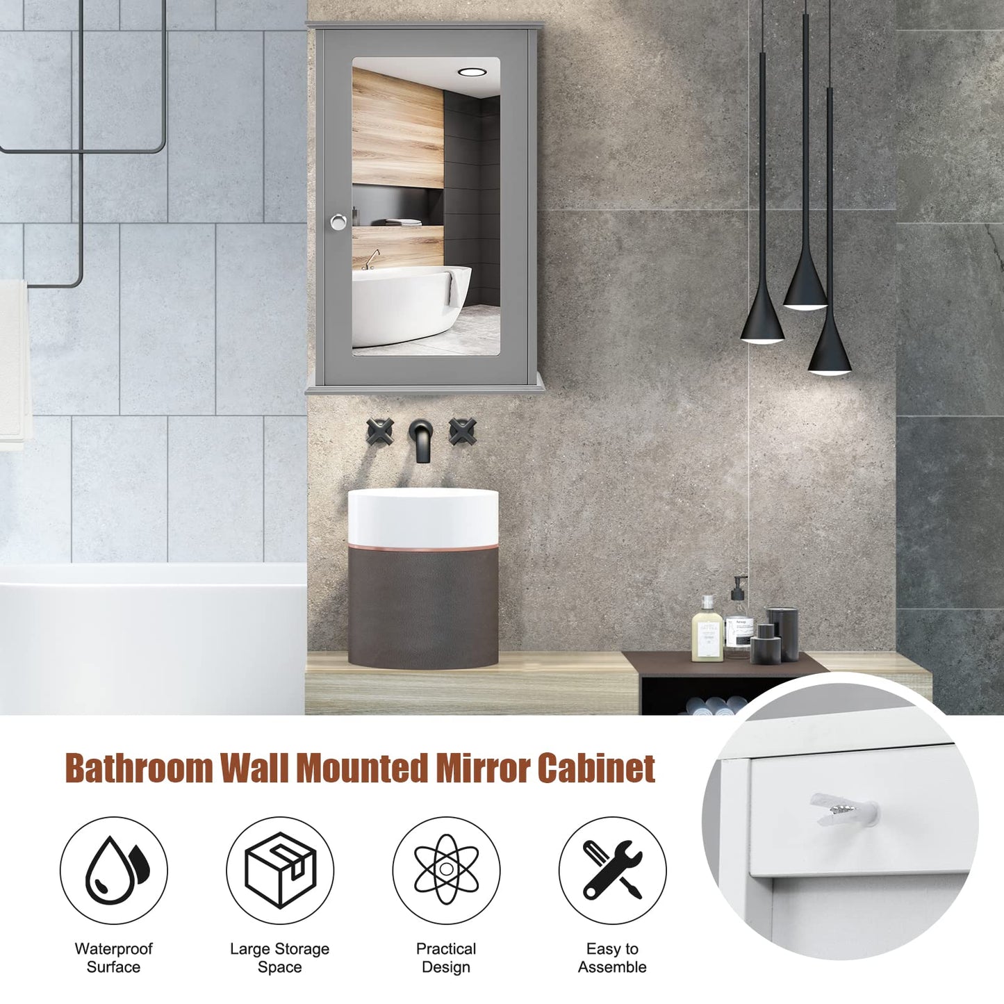 Hysache Bathroom Medicine Cabinet, Wall Mount Mirrored Storage Cabinet w/Single Mirrored Door & Adjustable Shelf, Multipurpose Wooden Organizer for Hallway Living Room Bed, 13.5" L x 6" W (Gray)
