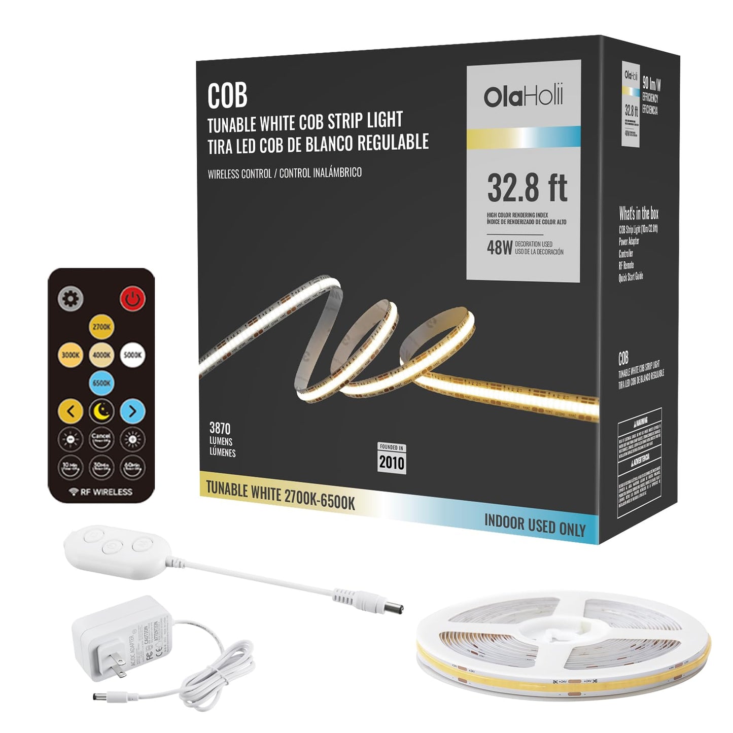 Olaholii 32.8ft Tunable White 2700K-6500K COB LED Strip Light with Remote, Dimmable Bright Led COB Light Strip, White CCT Adhesive Led Light for Kitchen Cabinet, Room