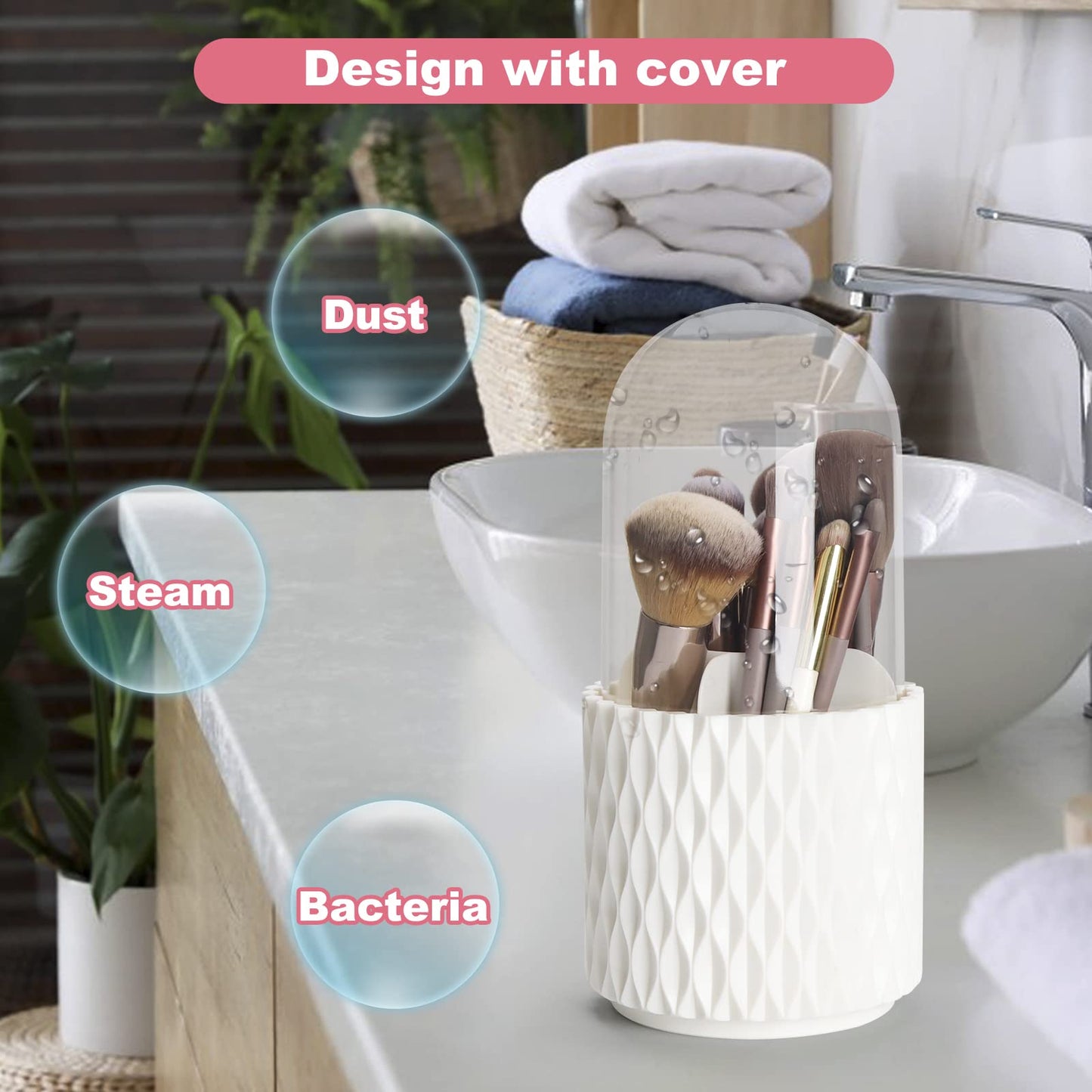 HSSPANFN Makeup Brush Holder Organizer with Lid -360° Rotating Dustproof Make Up Brushes Container with Clear Acrylic Cover, Spinning Cosmetics Holders Storage Cup with 5 Compartment