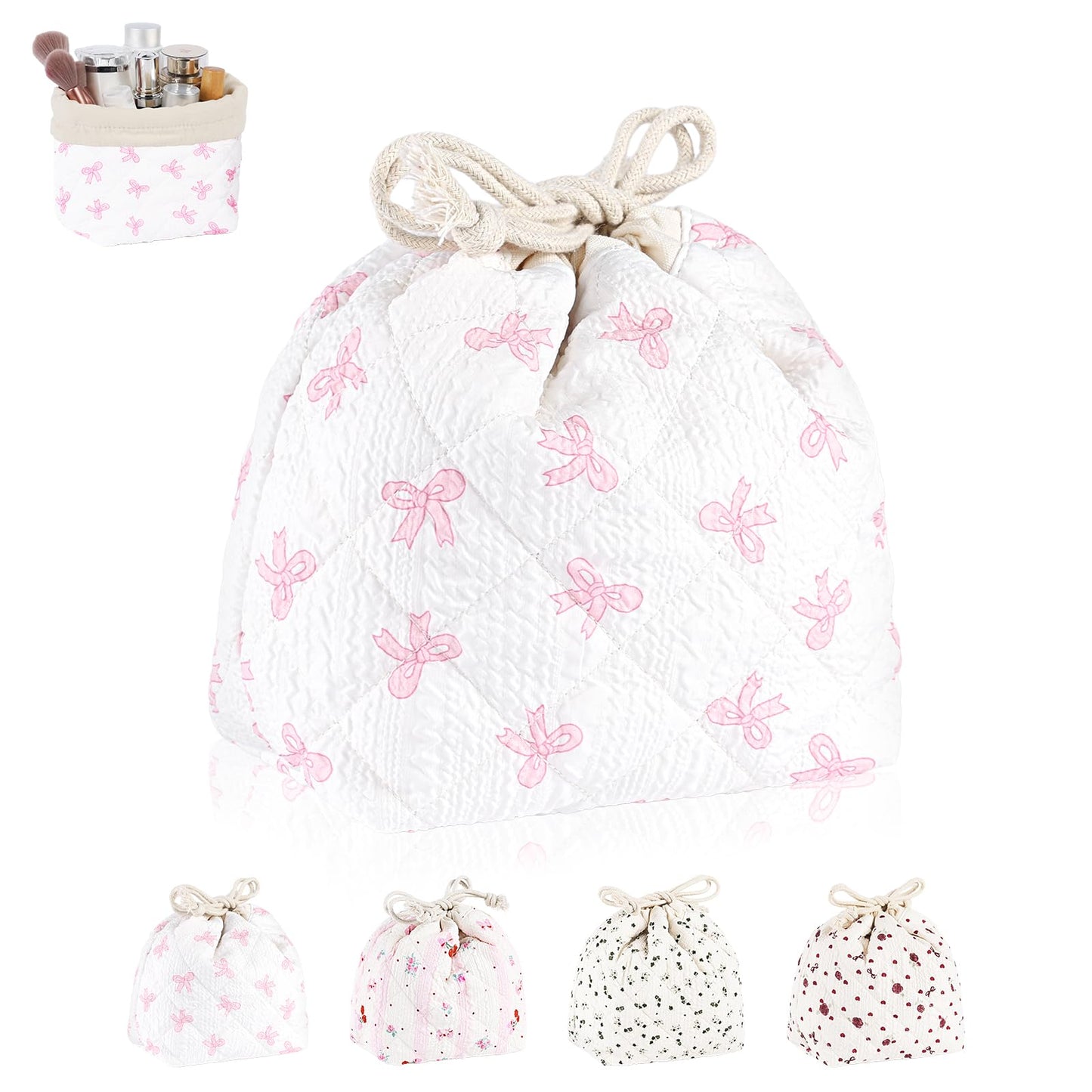 Playexen Quilted Drawstring Makeup Bag, Coquette Small Cosmetic Bag for Purse, Portable Cute Travel Makeup Pouch for Women Daily Use/Birthday/Party/Christmas (Big-Bow)