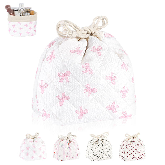 Playexen Quilted Drawstring Makeup Bag, Coquette Small Cosmetic Bag for Purse, Portable Cute Travel Makeup Pouch for Women Daily Use/Birthday/Party/Christmas (Big-Bow)