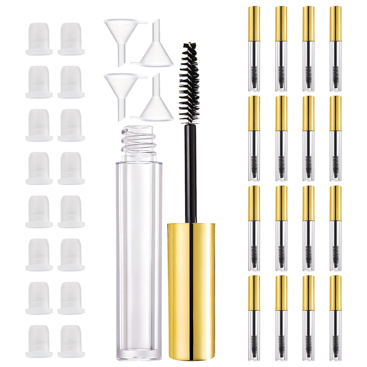 Amzlysdok 16 Pack Empty Mascara Tube 10ml Refillable Bottles with Brush Wand&Funnels,Leakproof Travel Containers for Lash & Brow Serum,Portable for Makeup Artists or Beginners(Gold)
