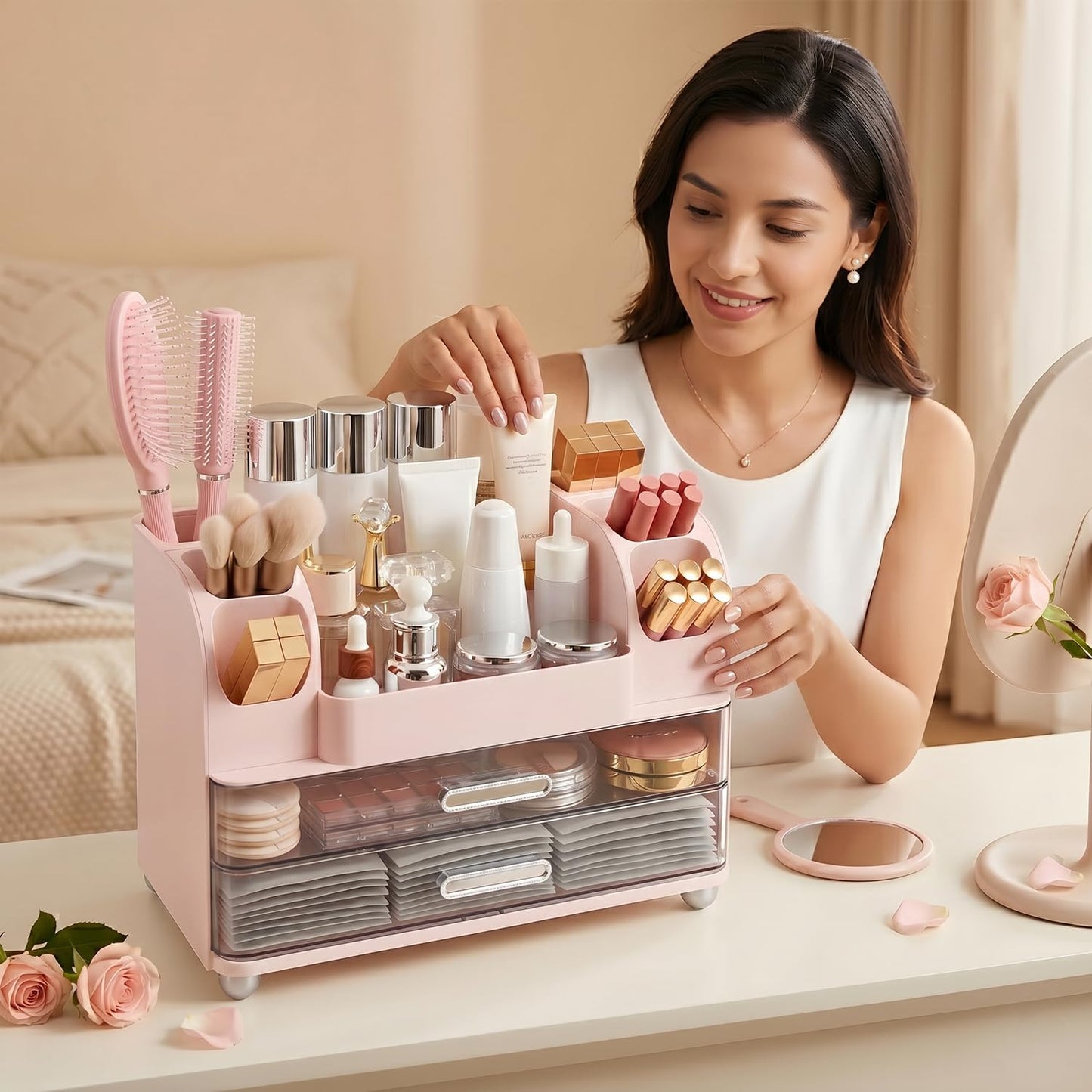 Brothersbox Makeup Organizer for Vanity with 2 Large Drawers and 6 Brush Holders, Large Bathroom Countertop Cosmetic Storage for Skincare, Lipstick, Nail Polish, Perfume, Gift for Women, Pink