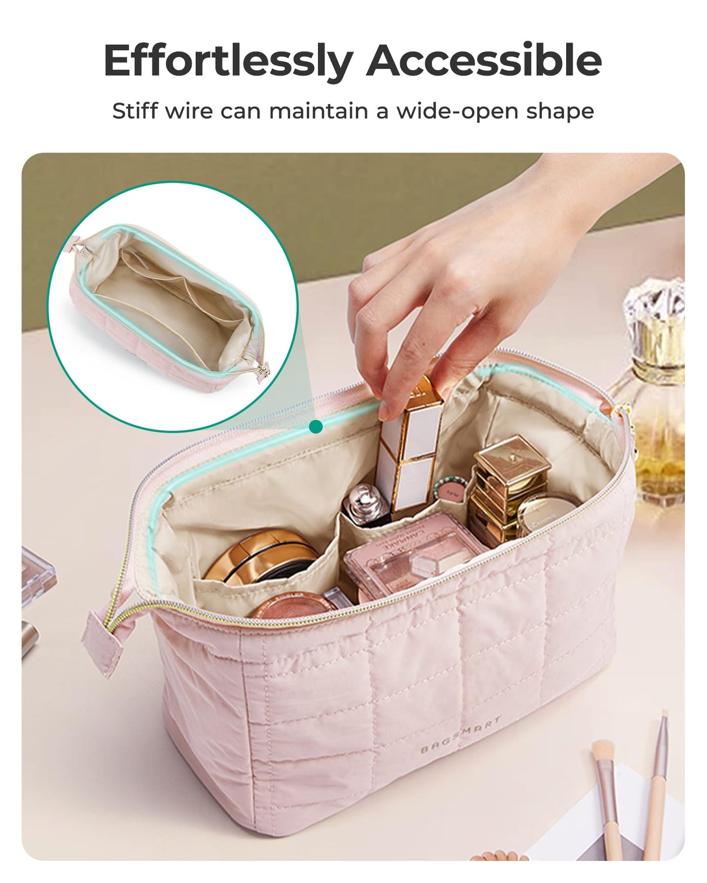 BAGSMART Makeup Bag Travel Cosmetic Bag, Puffy Padded Make Up Bags for Women Makeup Organizer Case, Wide-open Pouch Purse Travel Essentials Toiletries Accessories Brushes, Mossy Green