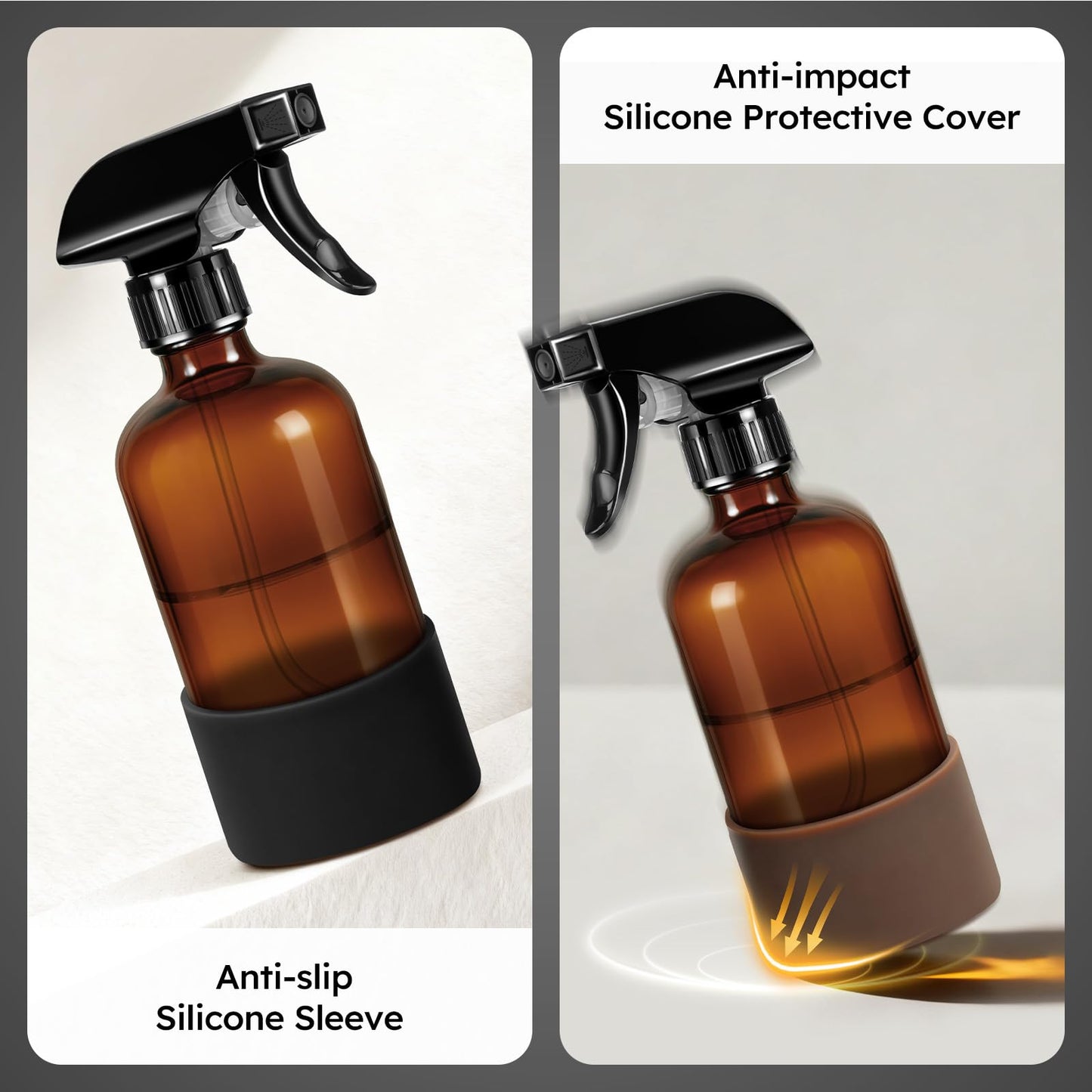 Tecohouse 2 Pack 360° Amber Glass Spray Bottles with Silicone Sleeve, 16 oz Empty Refillable Containers with Adjustable Spray Nozzles, Dark Spray Bottles for Cleaning Solutions, Plants (Black & Brown)
