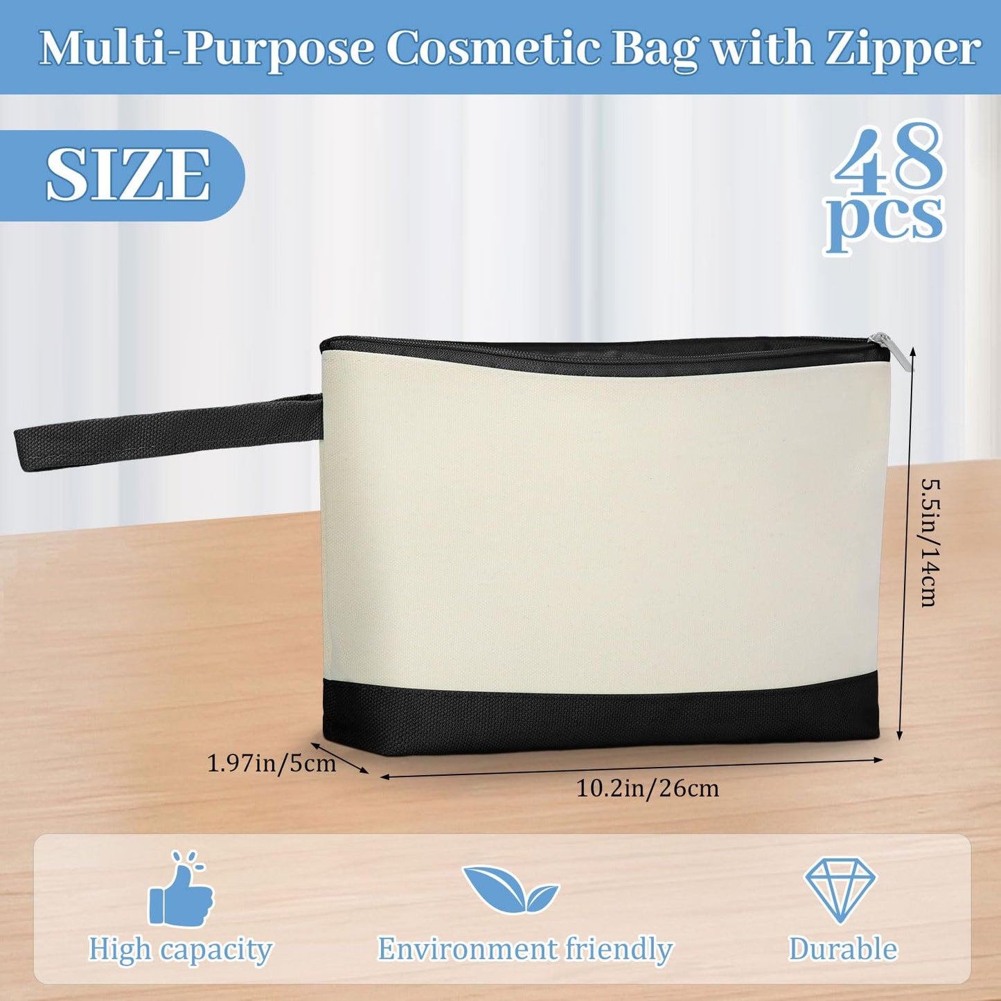 Silkfly 48 Pcs Cotton Canvas Makeup Bags Cosmetic Zipper Bags 10.2 x 5.5 x 2'' Blank DIY Pouch Bulk Pencil Case with Bottom Travel Toiletry Pouch for Women Craft Decor Gift (Beige and Black)