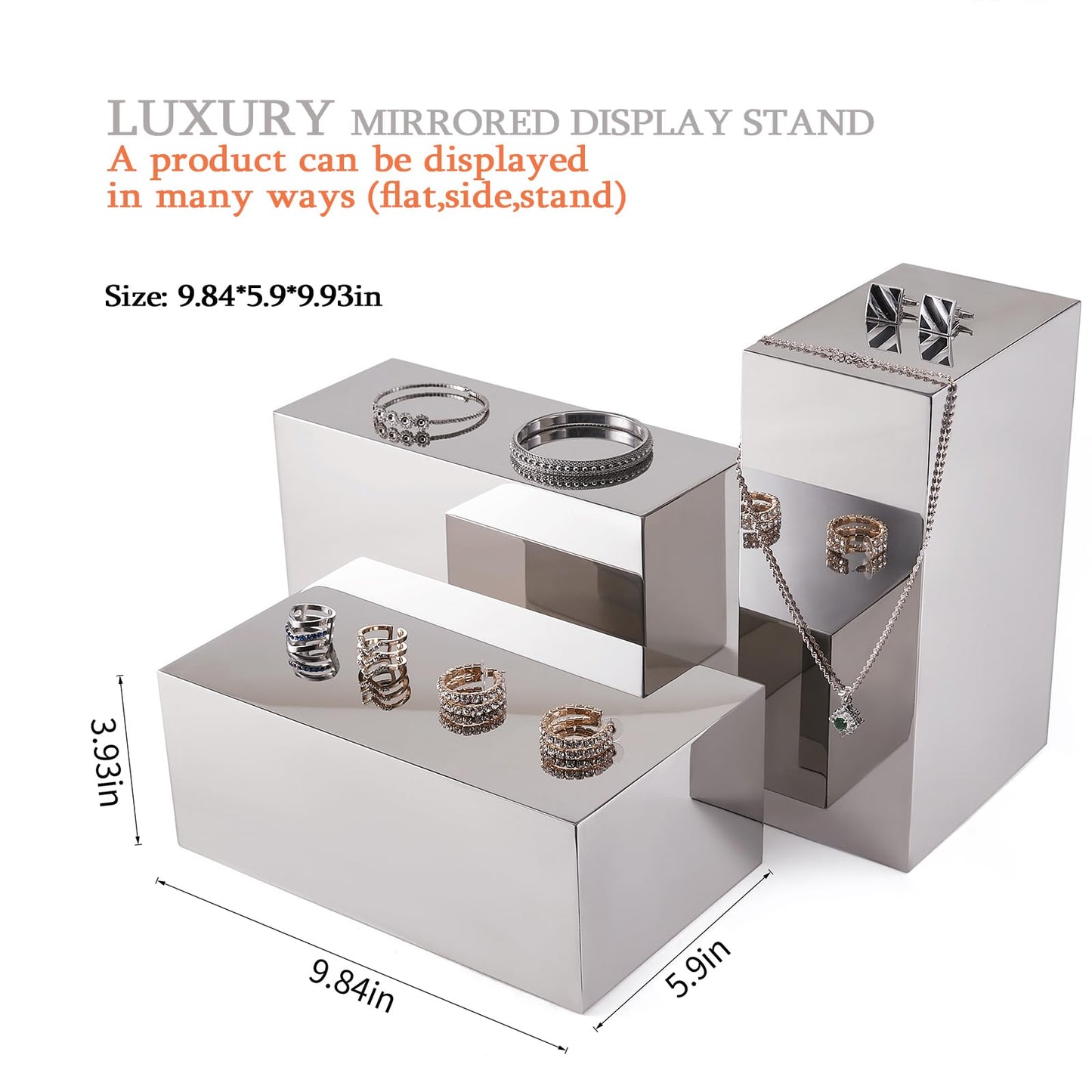 K KAIDIYIN Silver Display Riser Stand, 1 Piece, 9.84x5.9x3.93", Stainless Steel Product Display Platform, 6 Sided Square Mirrored Shoe Display Stand, Purse Handbag Jewelry Showpeice Display (RCS 50% Recycled Post-consumer Metal)