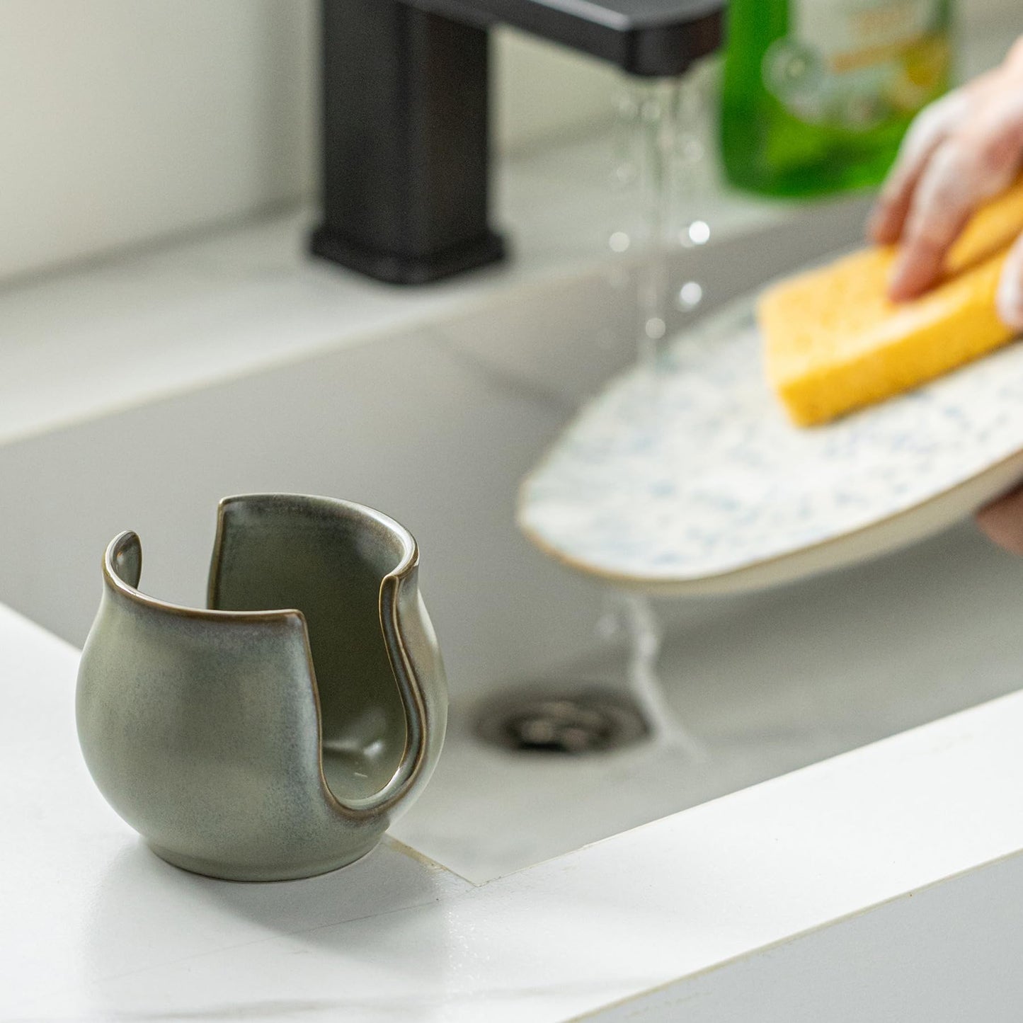 Zoeeker Sponge Holder for Kitchen Sink, Ceramic Dish Sponge Caddy Drying Rack Farmhouse Brush Holder Scrubby Organizer for Bathroom, Kitchen, Dark Green
